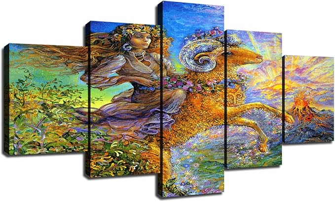 Girls Room Decor 5 Panel Canvas Wall Art Aries Astrological Sign Large Artwork Pictures for Living Room Constellations of The Zodiac Print Painting Framed Stretched Ready to Hang(60''Wx32''H)