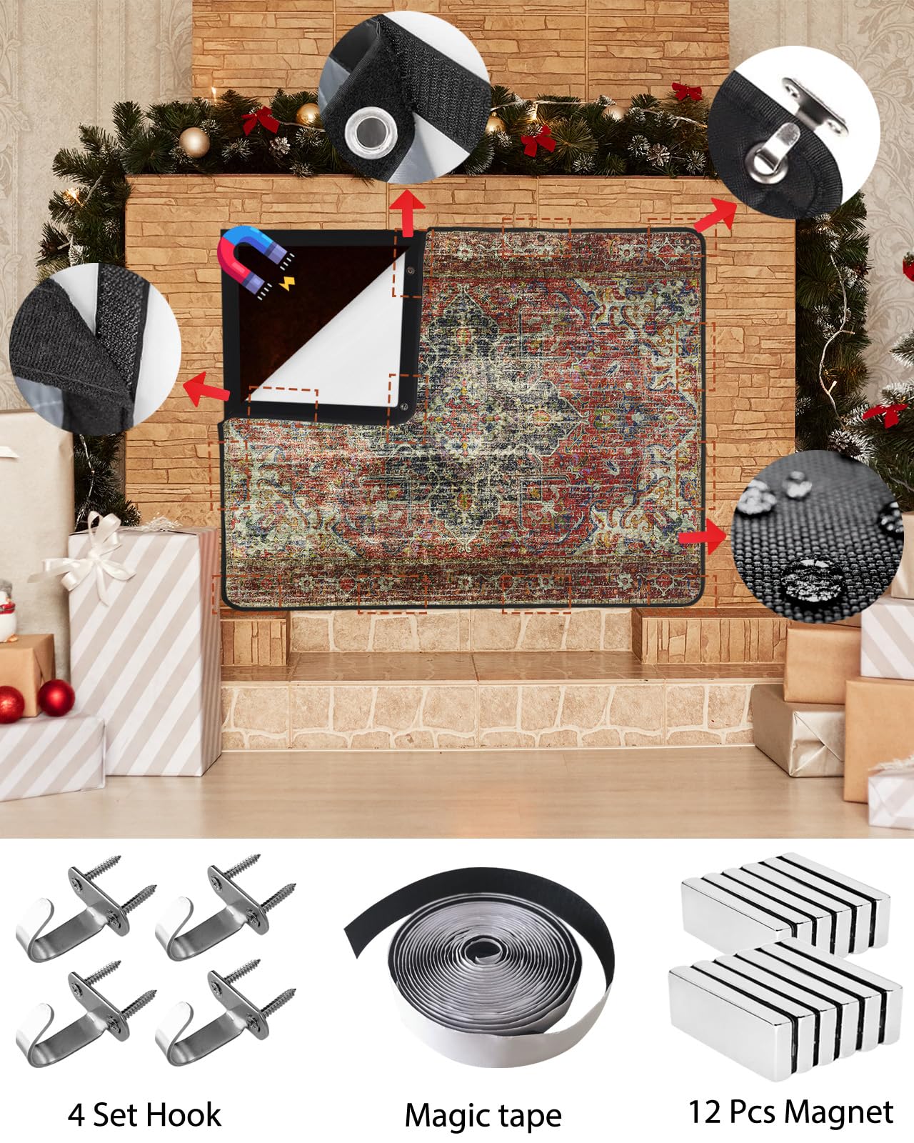 Couvre-chemisée Magnétique Pour Foyer Intérieur 49x37 Pouces - Taille 51x39 Pouces, Polyester Noir, 12 Aimants
