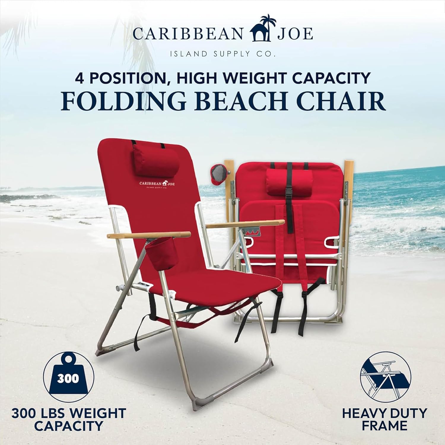 Caribbean Joe Folding Beach Chair, 4 Position Portable Backpack Foldable Camping Chair with Headrest, Cup Holder, and Wooden Armrests, 300 lb Capacity - Image 4