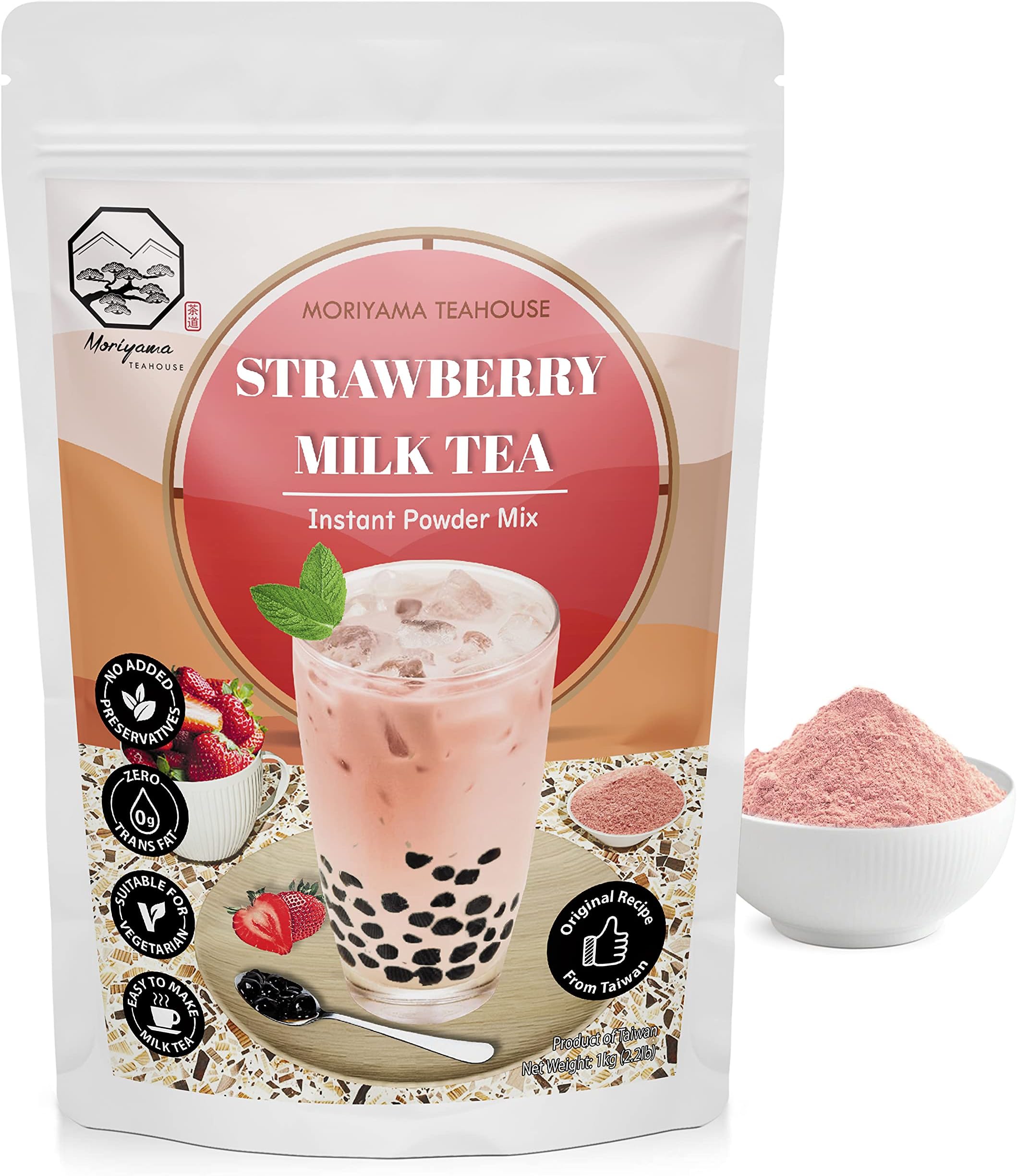 Strawberry Bubble Milk Tea Instant 3in1 Powder Mix - 1kg (33 Drinks) | For Boba Tea, Milkshake, Blended Frappe and Bakery | Authentic Taiwan Recipe | 0 Trans Fat, No Preservatives by Moriyama Teahouse