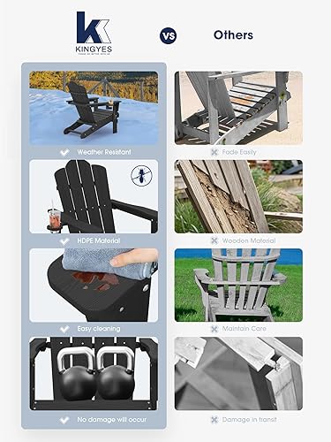 Vista 275 de KINGYES - Silla Adirondack plegable, sillas de patio de polietileno de alta densidad para todo tipo de clima, silla de césped con textura de madera