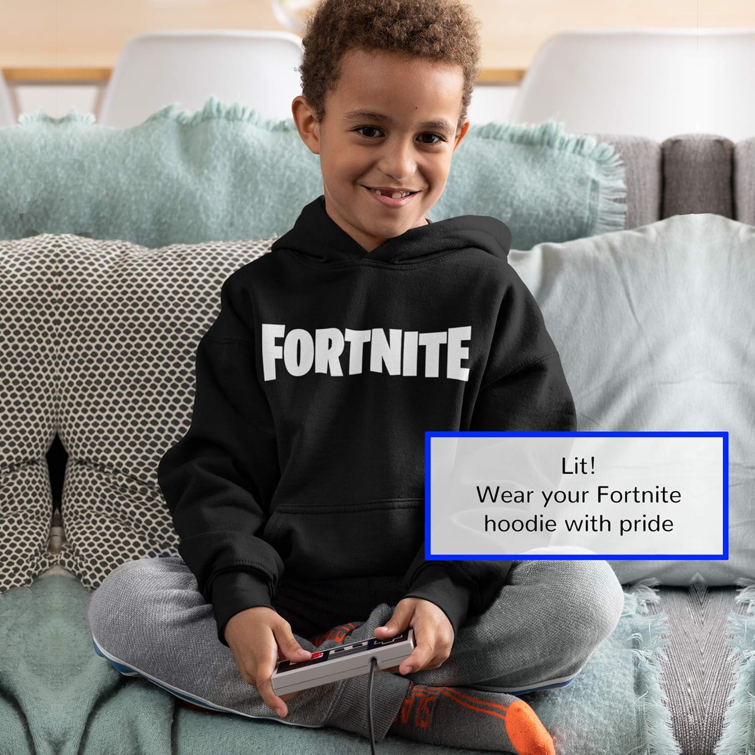 Fortnite Text Logo Pullover Hoodie, Kids, 7-15 Years, Black, Official Merchandise - Image 5