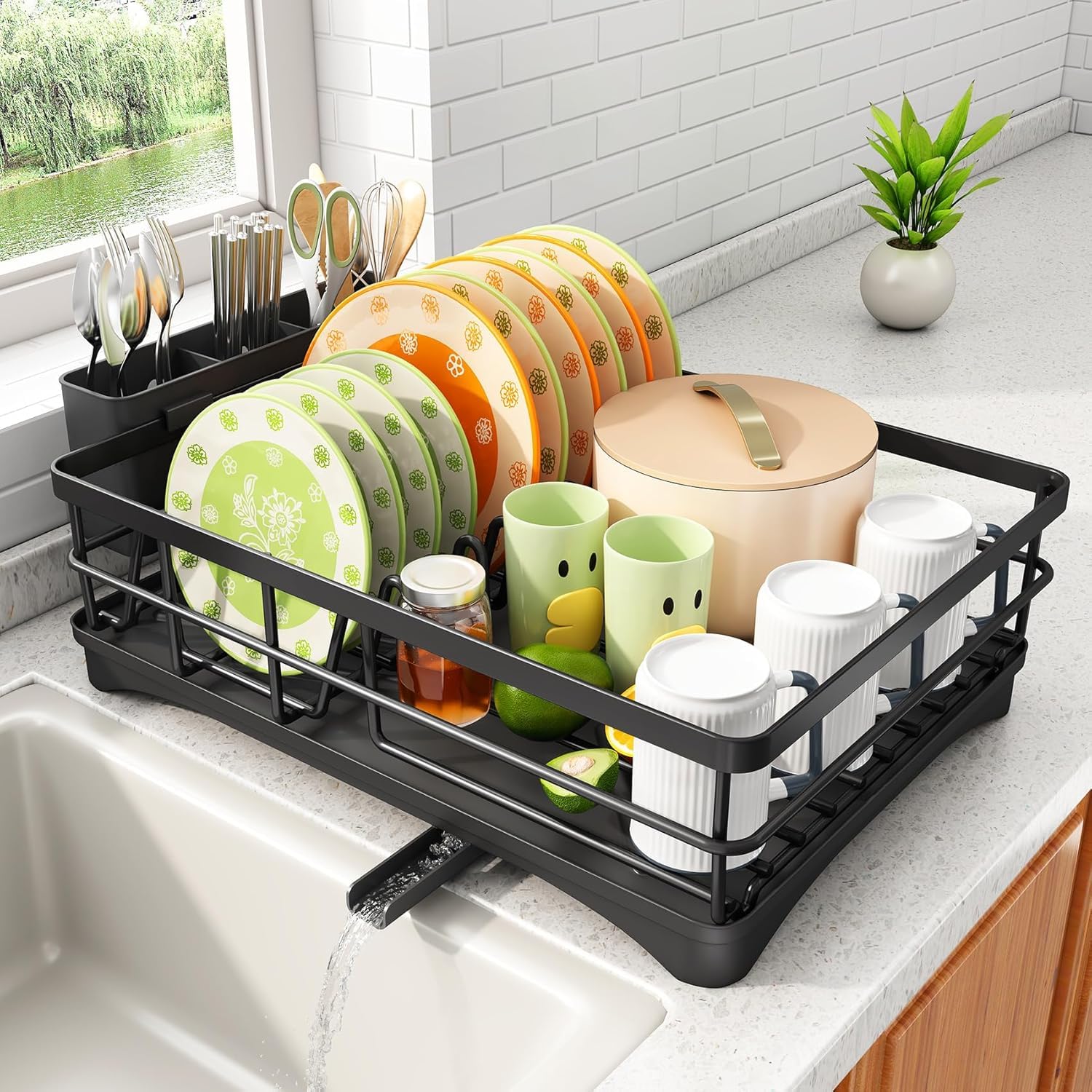 Umite Chef Large Dish Drying Rack for Kitchen Counter, Black Metal Dish Drainer with Drainboard, Utensil Holder, Cup Holder, Rust Resistant Kitchen Dish Rack with Water Drain Spout for Countertop