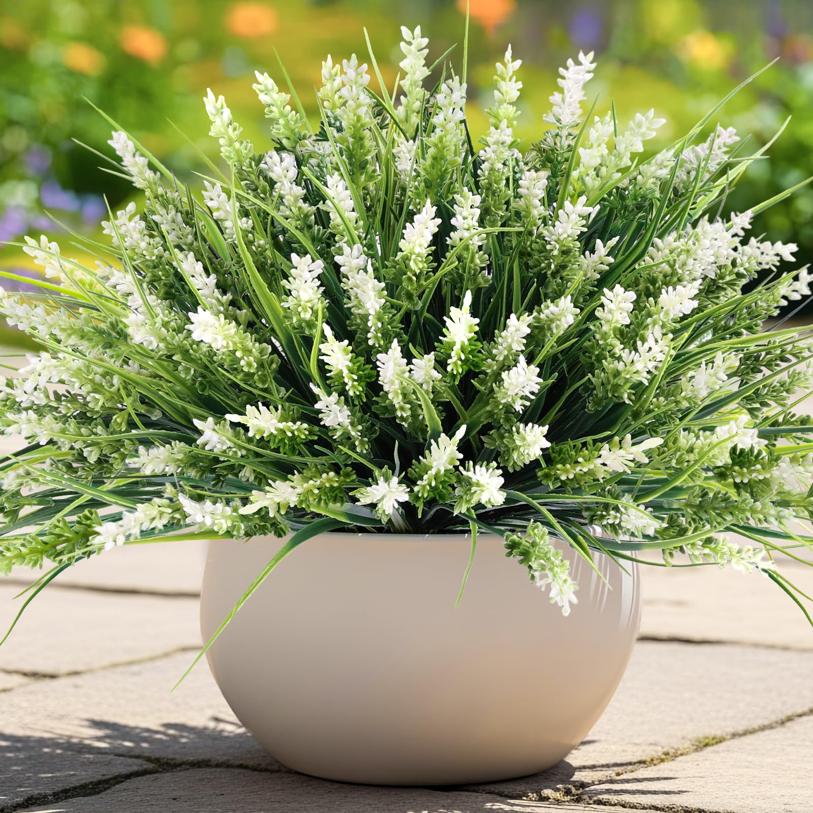 Artificial Plants for Outdoors, 20 Bundles Fake Monkey Grass with White Spring Flowers, Faux Plants Outdoor UV Resistant Realistic Greenery for Garden Window Patio Hanging Porch Home Decoration