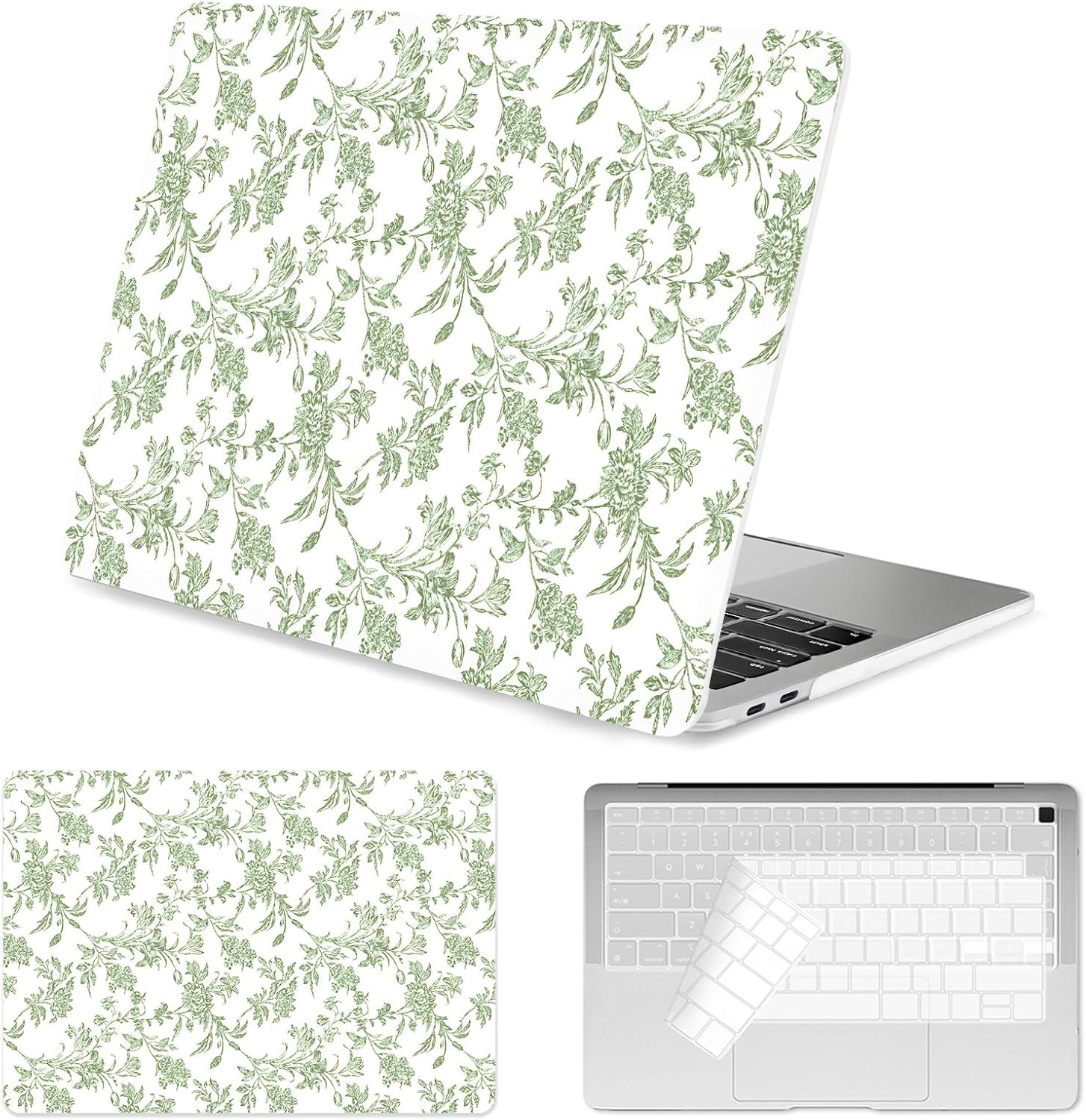 Seorsok Compatible with MacBook Air 13 Inch Case 2022 2021 2020-2018 Release A1932 A2179 M1 A2337 Touch ID,Elegant Sage Green Flower Plastic Hard Shell Case with Keyboard Cover,Blooming Floral