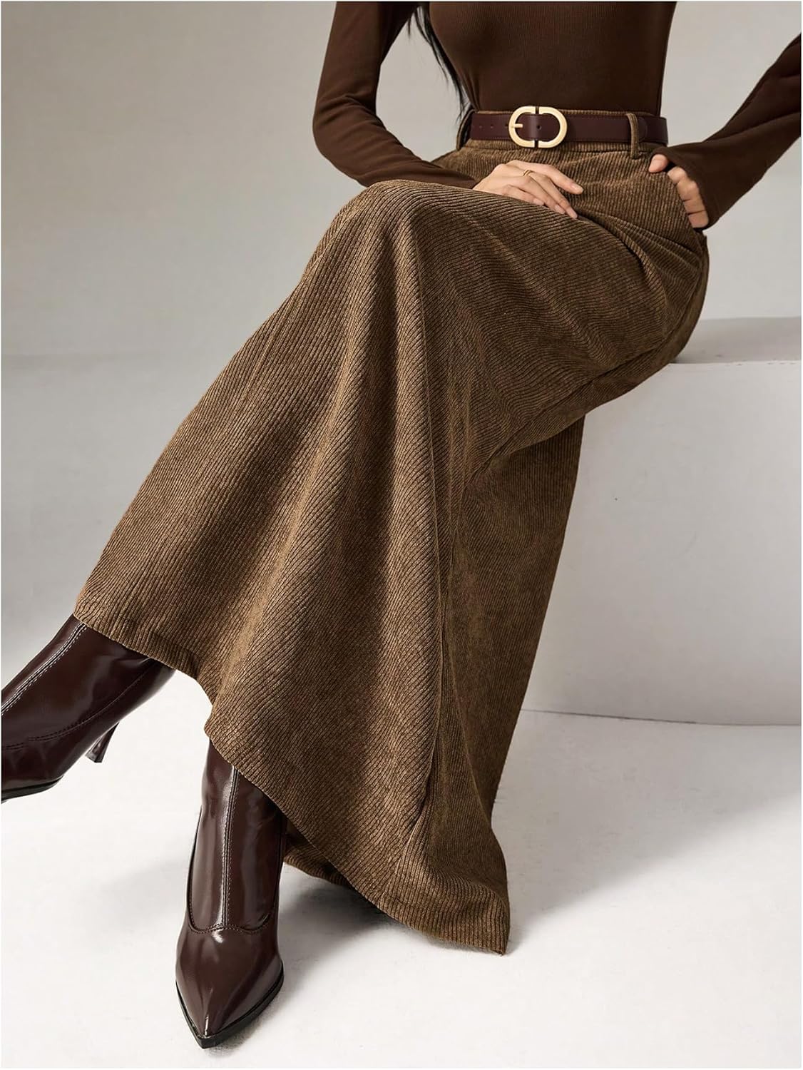 MakeMeChic Women's Business Casual Corduroy Skirt High Waisted Zip Up A Line Maxi Skirts - Image 4