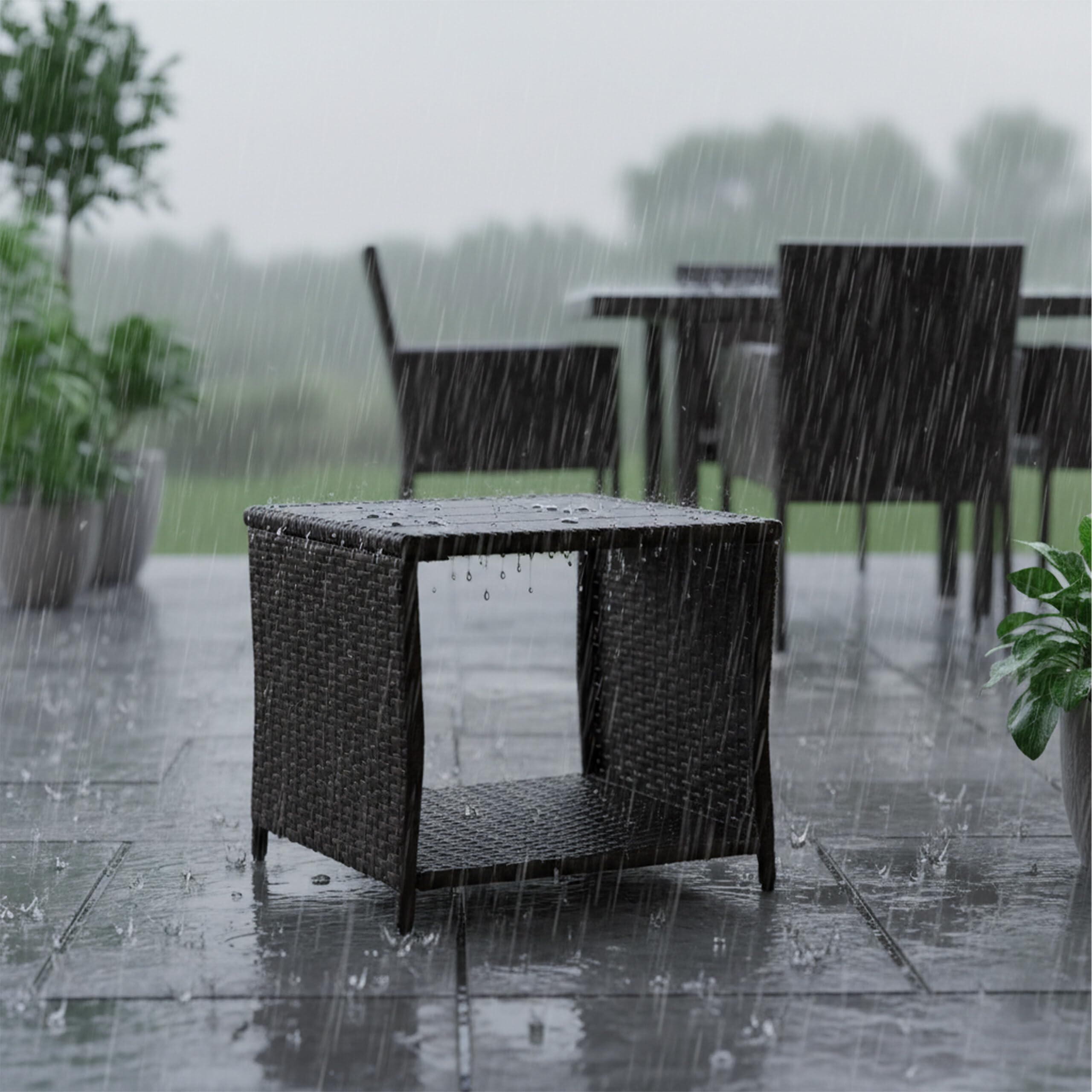 Relaxdays Table de Balcon carrée, H x L x P 40 x 45 x 45 cm, polyrotin/WPC/Acier, Marron, pour extérieur