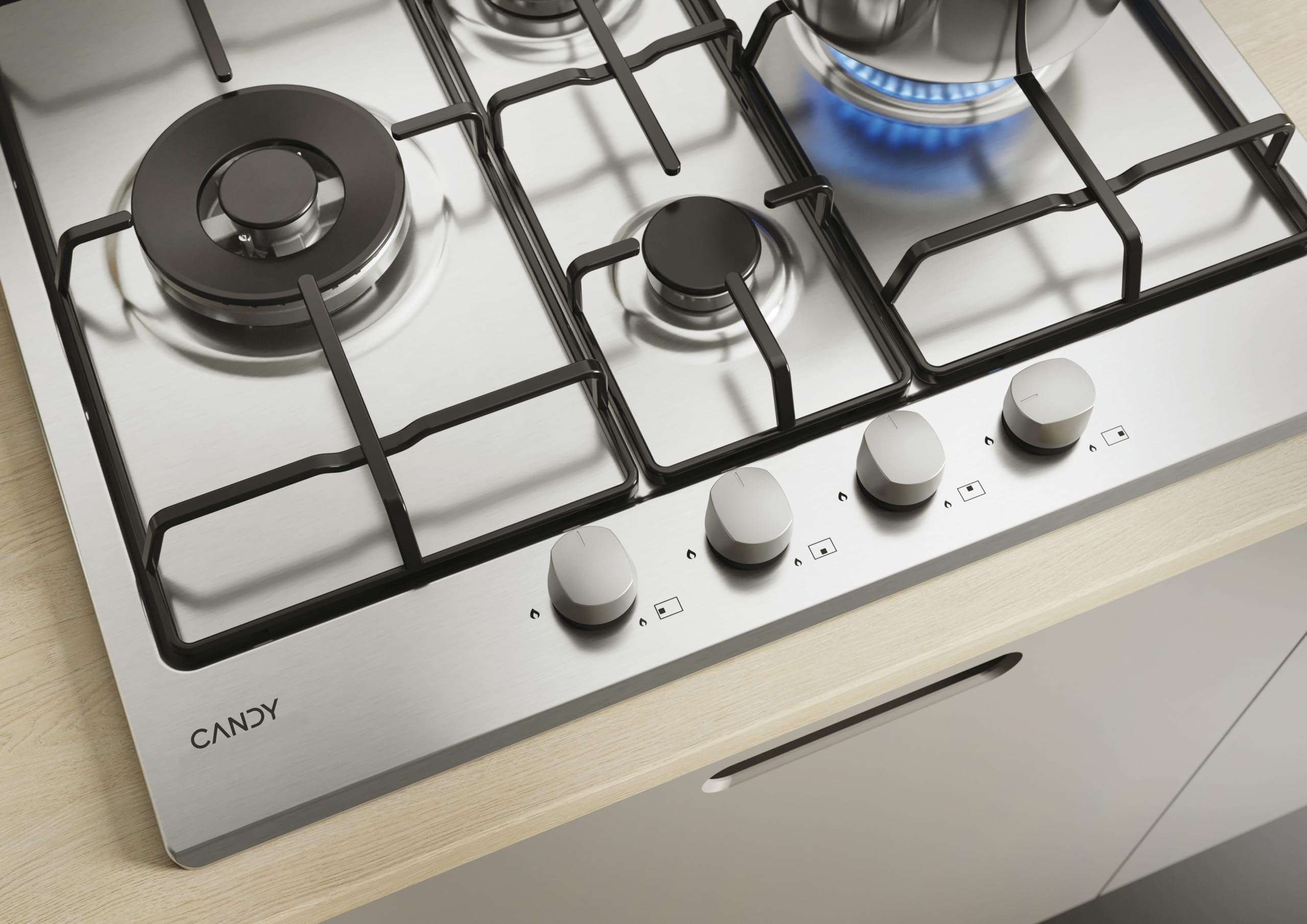 Candy Idea Piano Cottura a Gas 4 Fuochi, Bruciatore Doppia Corona 4000W, Griglie Smaltate Lavabili in Lavastoviglie, Acciaio Inox, Sicurezza Gas, AxLxP 0,8x59,5x51 cm - CHW6D4WX
