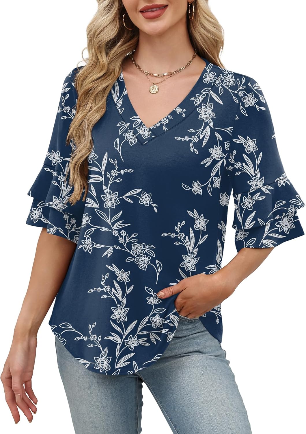 OFEEFAN Spring Tops for Women Boho Shirts Fashion Clothing Cute 3/4 Length Sleeve Blouses Dressy Casual Summer Outfits - Image 2