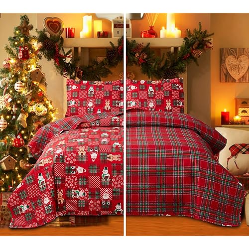 Christmas Quilt Set Queen Size Christmas Bedding Reversible Christmas Bed Set Buffalo Plaid Patchwork Bedding Home Holiday Xmas Bedding Lightweight Quilt Bedspread Coverlet