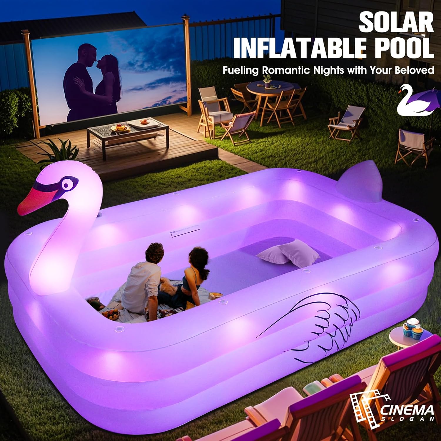 Blow Up Pools For Adults, Solar Swan Inflatable Pool With Lights, Inflatable Swimming Pool For Adults, Large Blow Up Pool For Kids Pool For Backyard, Oversized Thickened Family Pool 100"x63"x20"-White