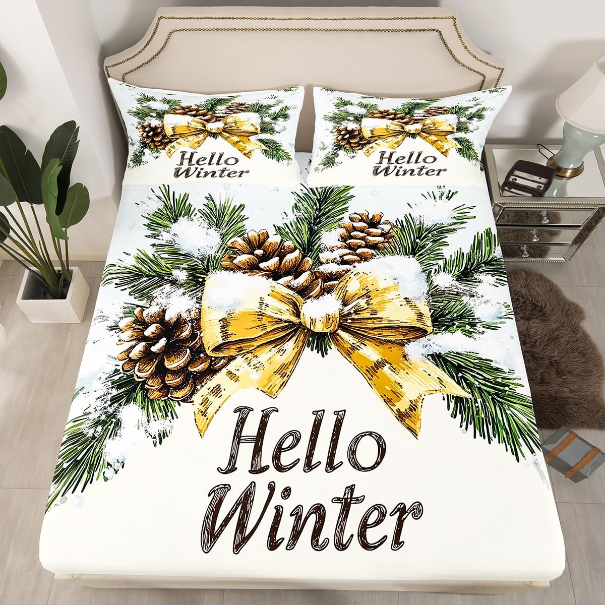 Homemissing Weihnachts-Bettwäsche-Set für Doppelbett, Hello Winter, für Kinder, Jungen, Mädchen, Fliegen, Bettlaken mit tiefer Tasche, Spannbetttuch, Schneeflocken-Bettwäsche-Set, Muschel