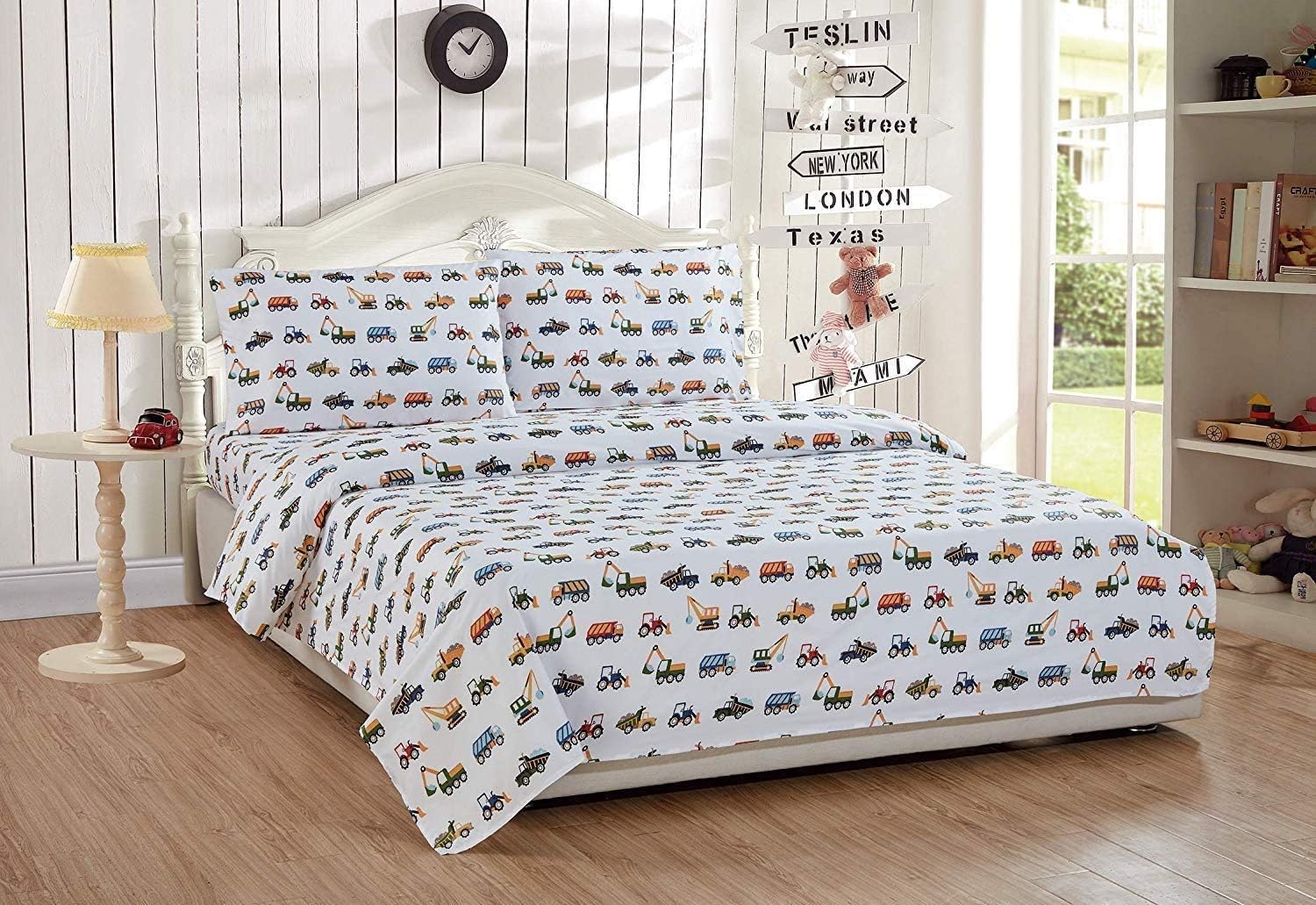 Best Promo Mk Home 7pc Queen Comforter and Sheet Set Teens/Boys Construction Trucks Tractors Blue Red Yellow New Amazing 🔥 Mk Home 7pc Queen Comforter and Sheet Set Teens/Boys Construction Trucks Tractors Blue Red Yellow New