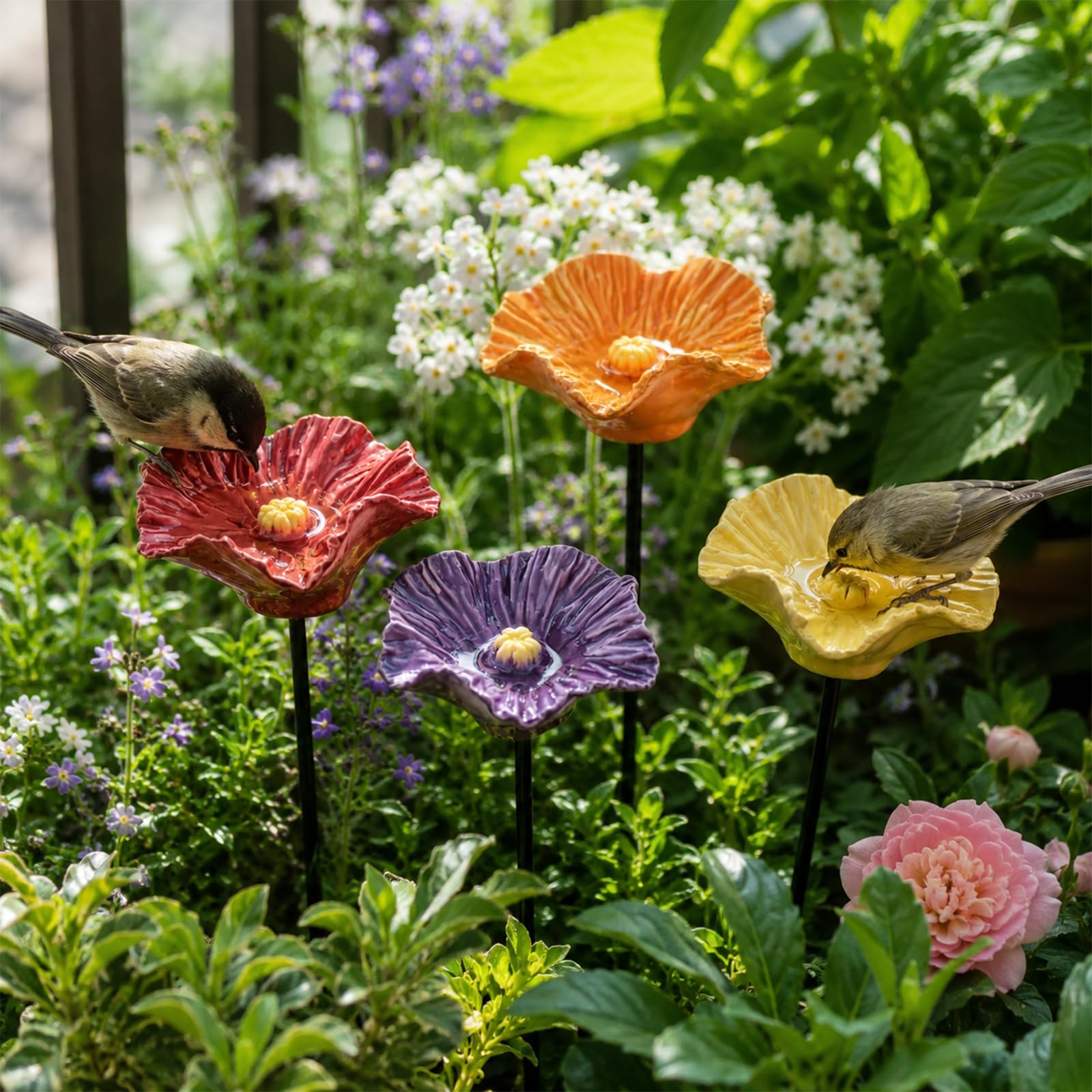 Keramik Vogeltränke Blumenform, 4er-Set mit Erdspieß, wetterfest & frostsicher, Vogelbad & Insektenwasserstelle für Bienen, Insekten und Vögel, Gartendekoration für Garten, Beet & Balkon (8er-Set)