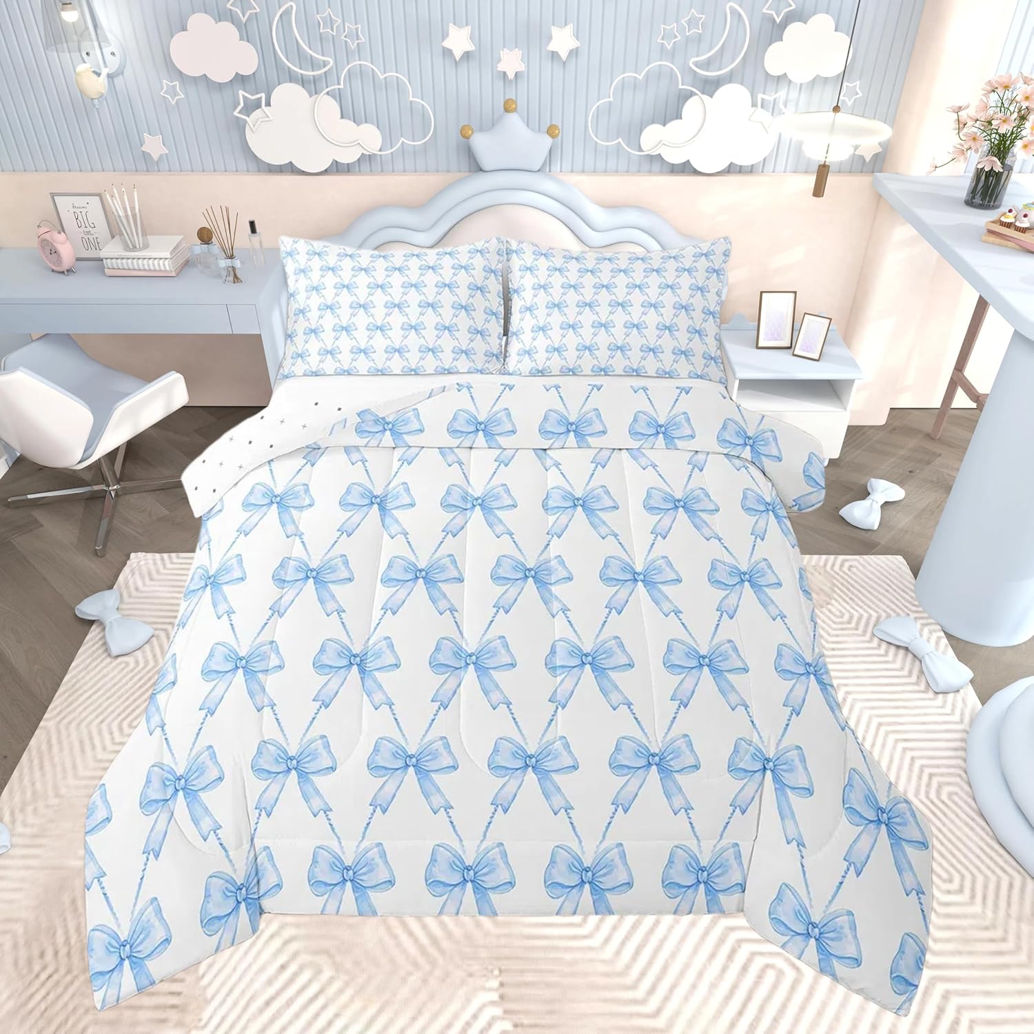 Feelyou Blue Bow Comforter Set Twin Size Cute Bowknot Bedding Set Boys Girls Kawaii Comforter for Kids Women Men Bow and Stripes Duvet 2Pcs