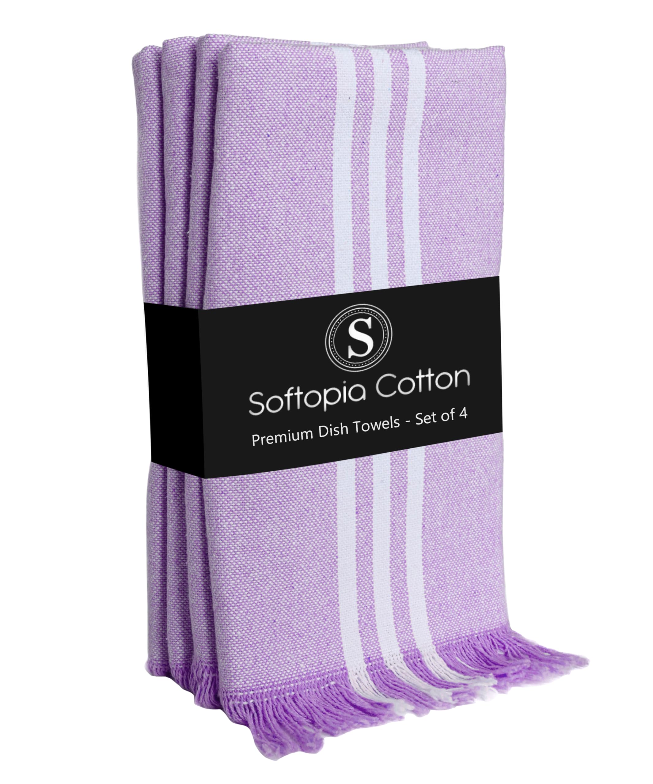 Striped Kitchen Towels 4 Pack, 16x26 Inches, 100% Cotton, Absorbent Dish Towels for Kitchen Drying, Reusable Dishcloths for Cleaning, Quick Dry Wash Rags for Everyday Use - Lavender