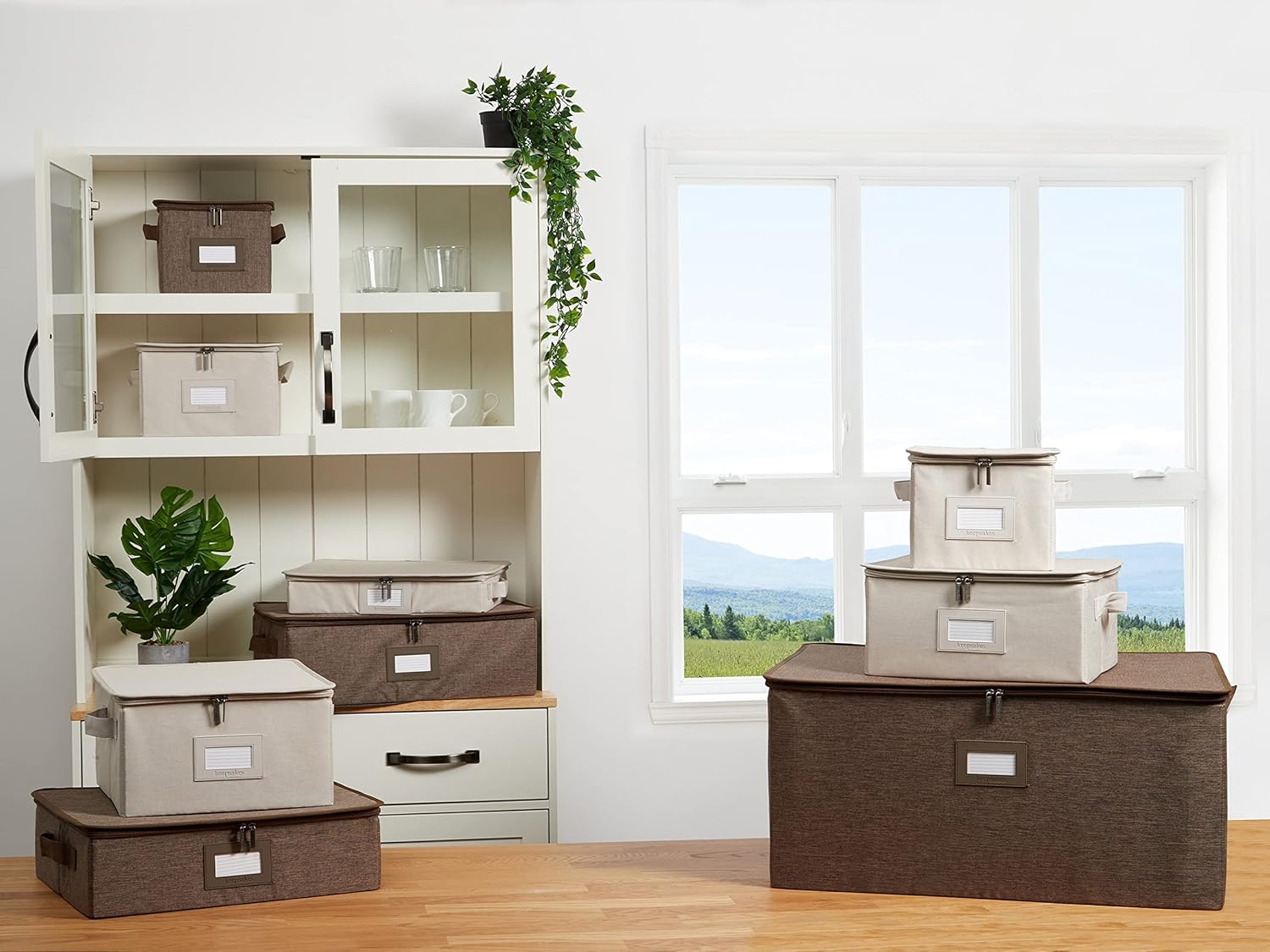 Covermates Platter Storage Box – Serveware & China Storage Container with Dual Zippers, ID Window, Reinforced Handles & Structured Walls for Platter, Dish & Serving Tray Protection, Beige Heather