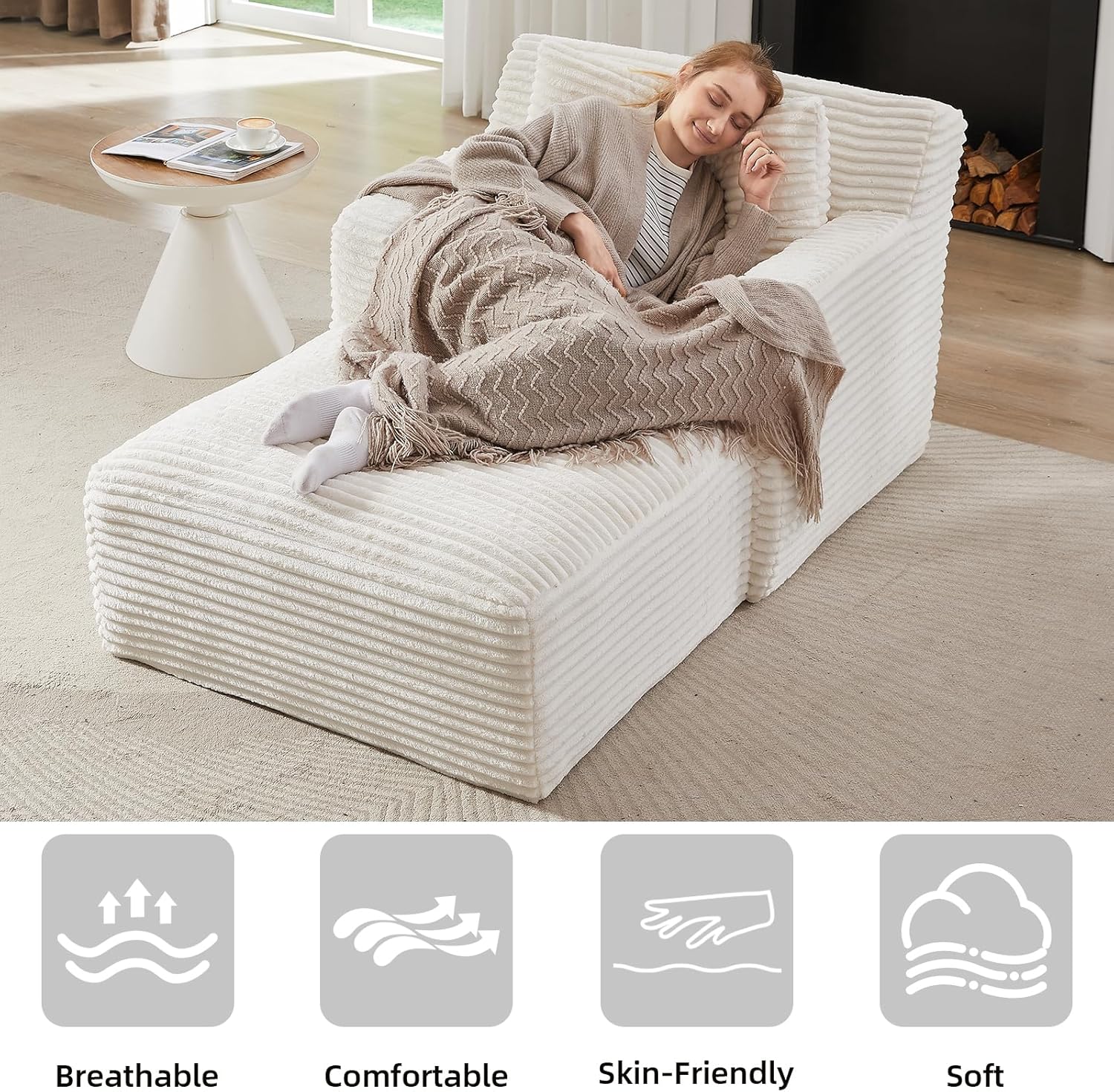 Chaise Lounge Chair Indoor, Upholstered Corduroy Single Lounge Sofa Couch, Comfy Reading Recliner Sleeper Sofa Chair Bed with Armrests and Pillows for Bedroom, Living Room (White)