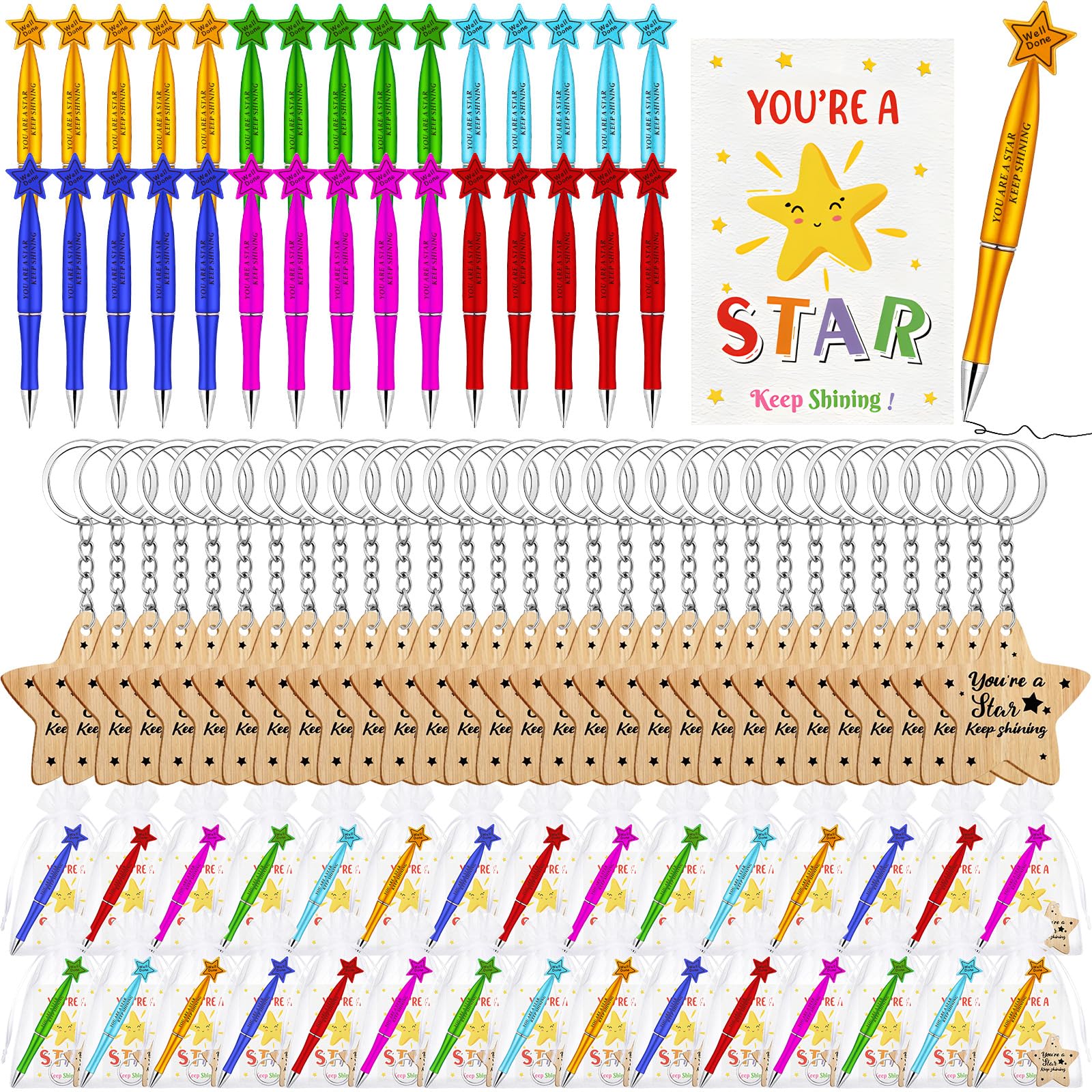 30Pcs School Leaver Star Keyring 30Pcs Motivational Pen With Cards & Gift Bags Class End of Term Star Token Favor Leaving Gift You're a Star Keep Shining End of Term Gifts for Students Wooden Token