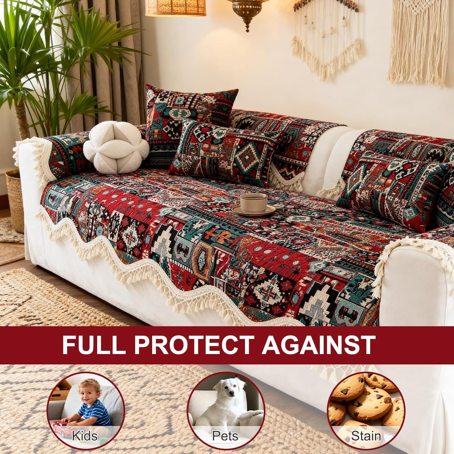 VOGOL Boho Sectional Sofa Cover, Non Slip Geometric Scalloped Edge Couch Protector with Beige Fringe Tassels, Heavy Chenille Furniture Pad, 27x70 Inches, 1 Piece