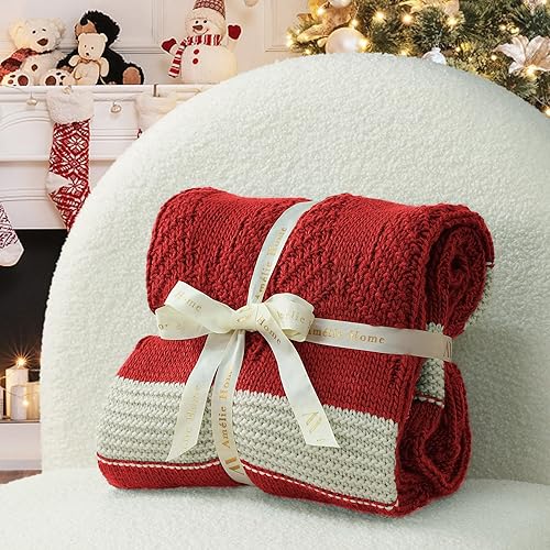 Amélie Home Manta de punto con textura de hojas rojas, suave y acogedora, decoración de granja para sofá, cama, sofá y sala de estar, 50 x 60