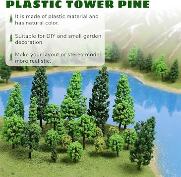32 Pcs Mixed Model Trees 0.7 to 4.45 Inch Miniature Trees Train Scenery Diorama Tree Railroad Architecture Fake Tree for DIY Crafts, Building Model, Scenery Landscape, Natural Green
