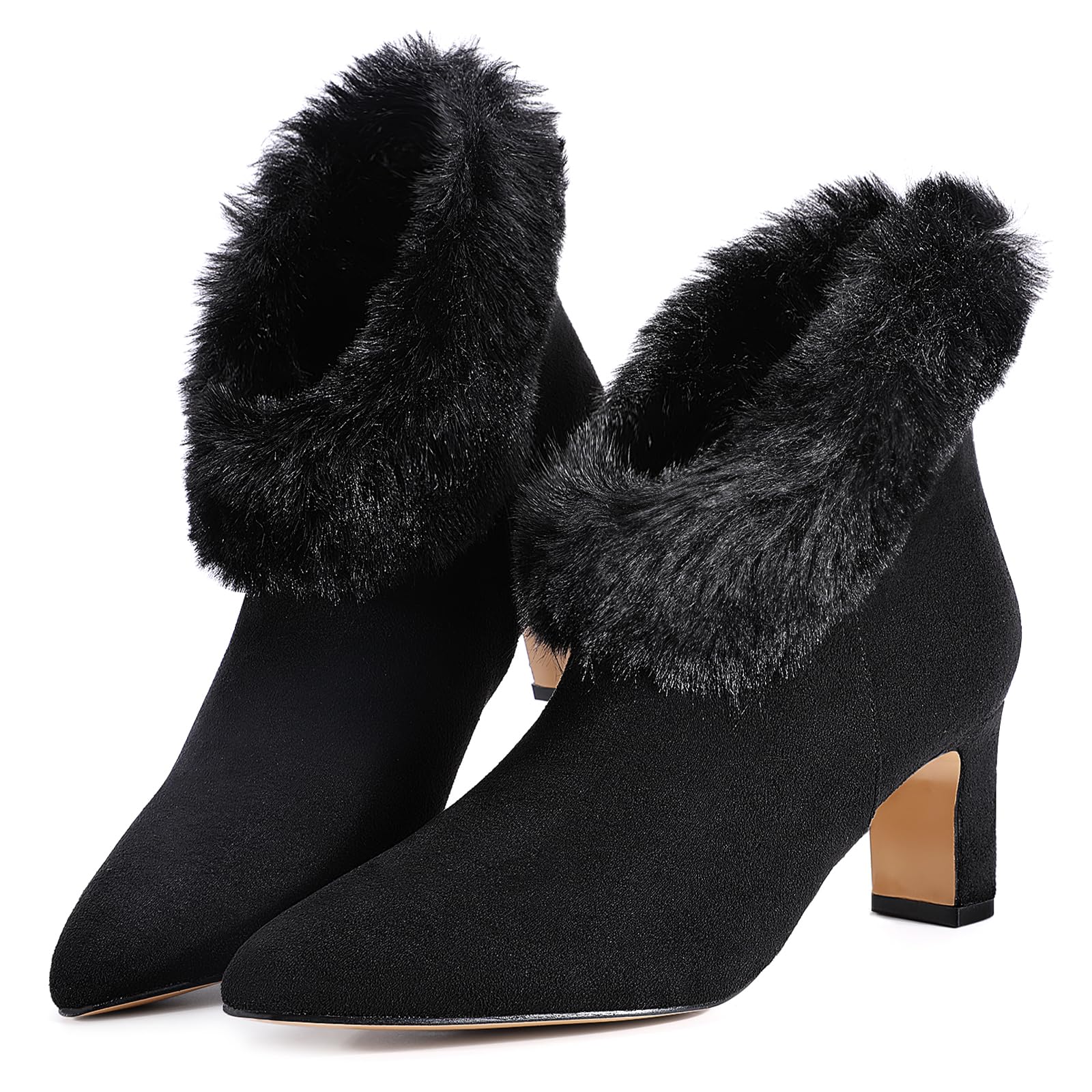 Trakxy Women Fur Ankle Faux Suede Boot Chunky Heel Pointed Toe Zipper Dress Short Booties