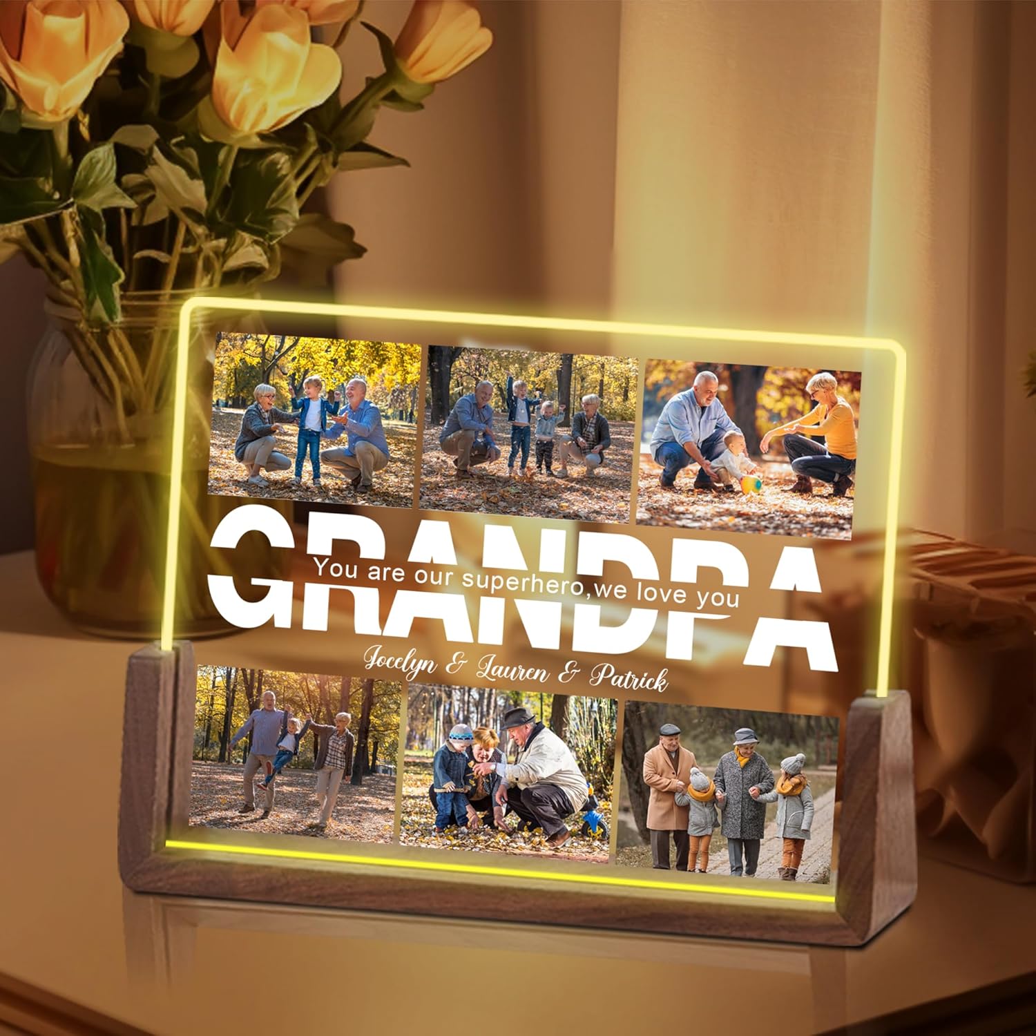 Ship Next Day, Customized Gifts For Grandpa, Personalized Acrylic Plaque With Photos, Grandpa Picture Frame With Night Light, Custom Photo Gifts for Grandpa, Christmas Birthday Gifts for Grandpa