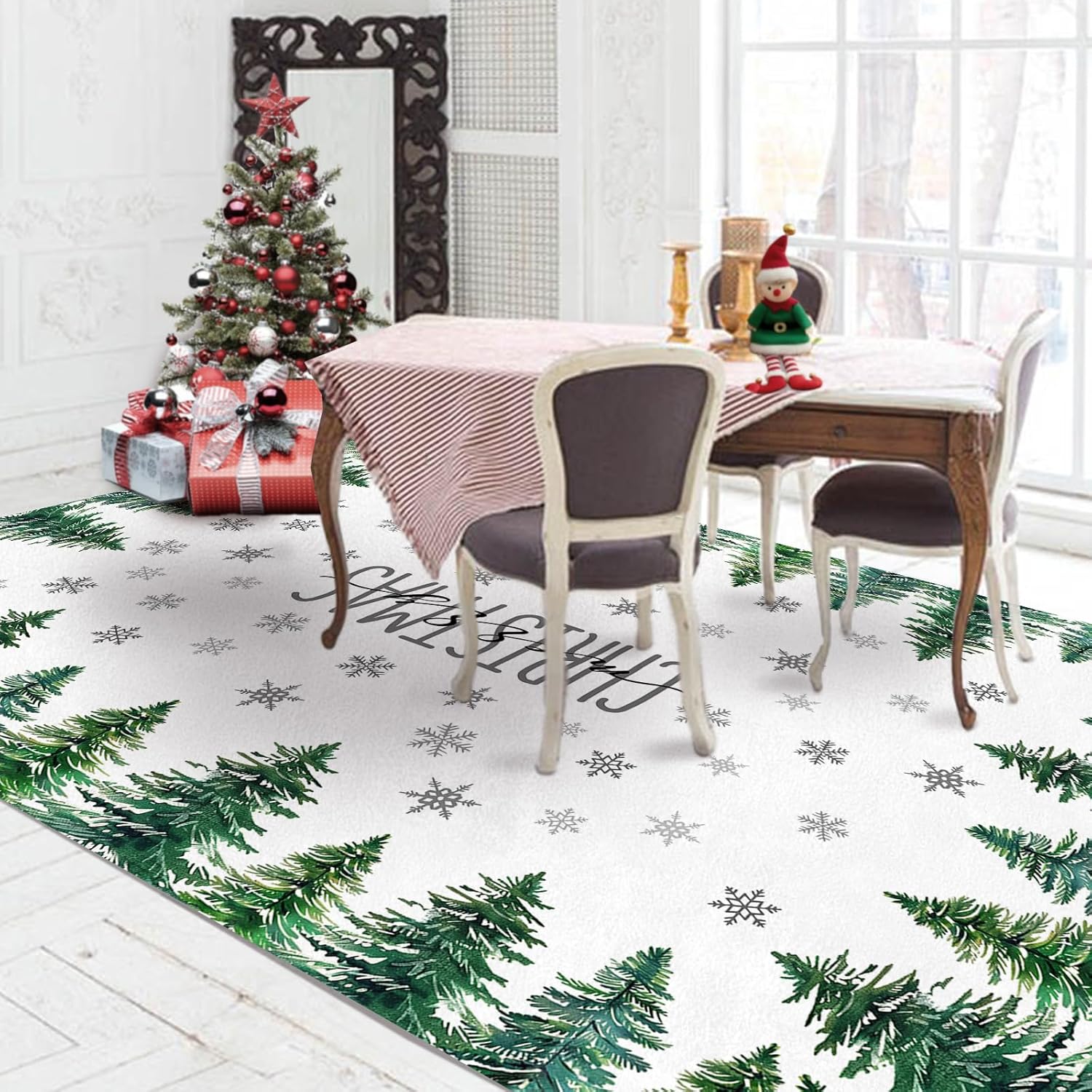 Merry Christmas Tree Washable Area Rug 5 x 7 Ft, Xmas Holiday Soft Non Slip Large Rugs Indoor Home Decor, Winter Entryway Floor Carpet Living Room Bedroom Kitchen Dining Room Decoration