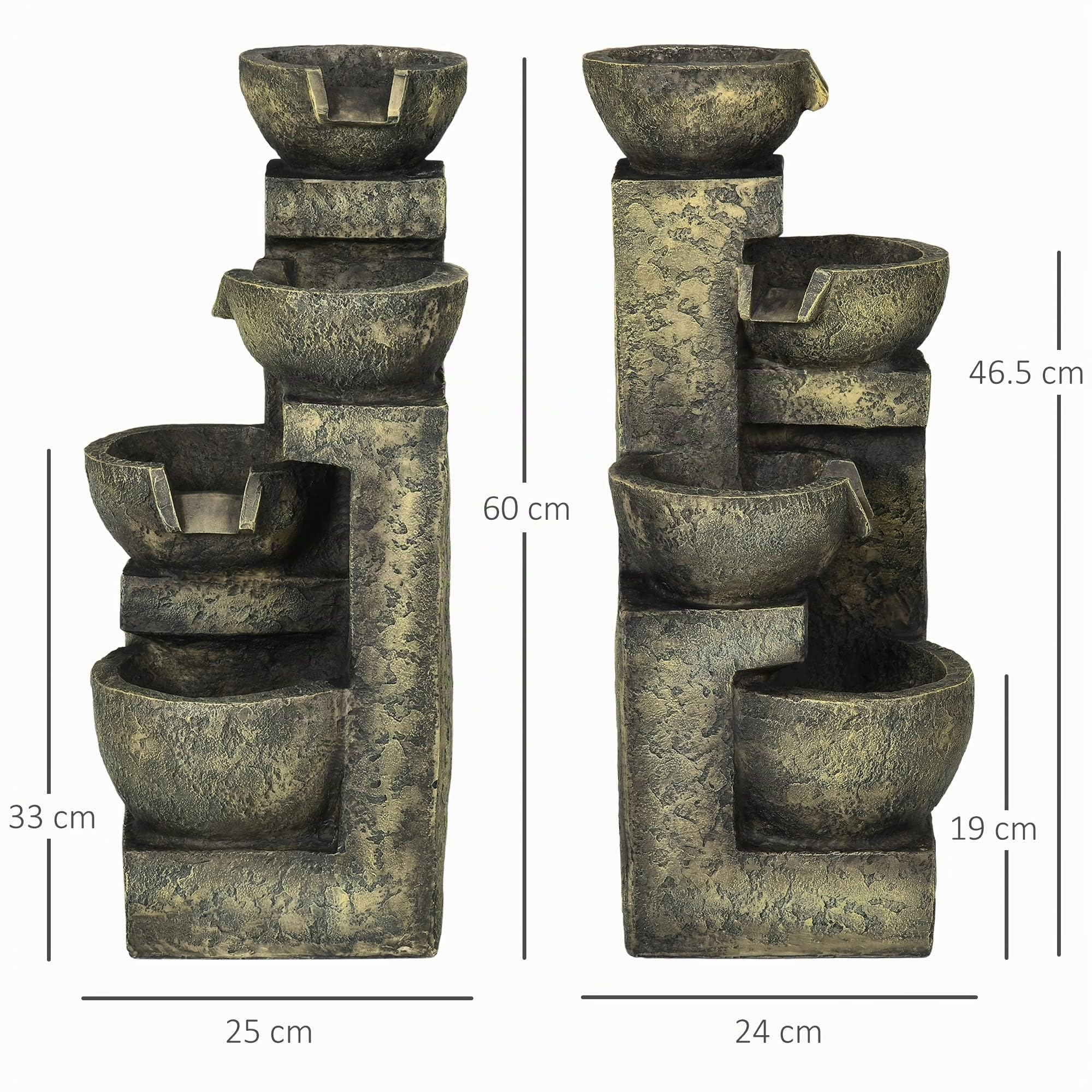 Outsunny Fontana con flusso regolabile 25x24x60cm Nero | Fontana da giardino in resina per esterno, vasca decorativa, fontana ornamentale 4 livelli, per prato giardino terrazza