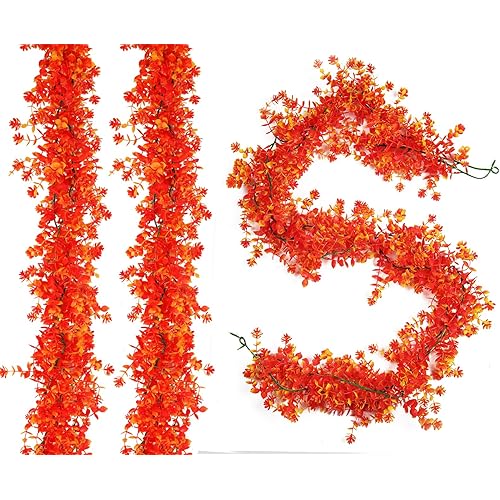 Fake Fall Leaves,Autumn Flowers Artificial,Fall Garland Artificial Hanging Eucalyptus Vines with Flowers Faux Autumn Leaves Garlands Plants for Fall Thanksgiving Patio Fireplace Wedding Decor(Gold)