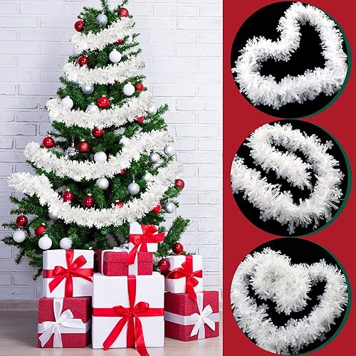 Miniatura 2 de Dingion Guirnalda de oropel de Navidad de 50 pies, guirnalda metálica blanca de oropel artificial para árbol de Navidad, chimenea, hogar, boda,