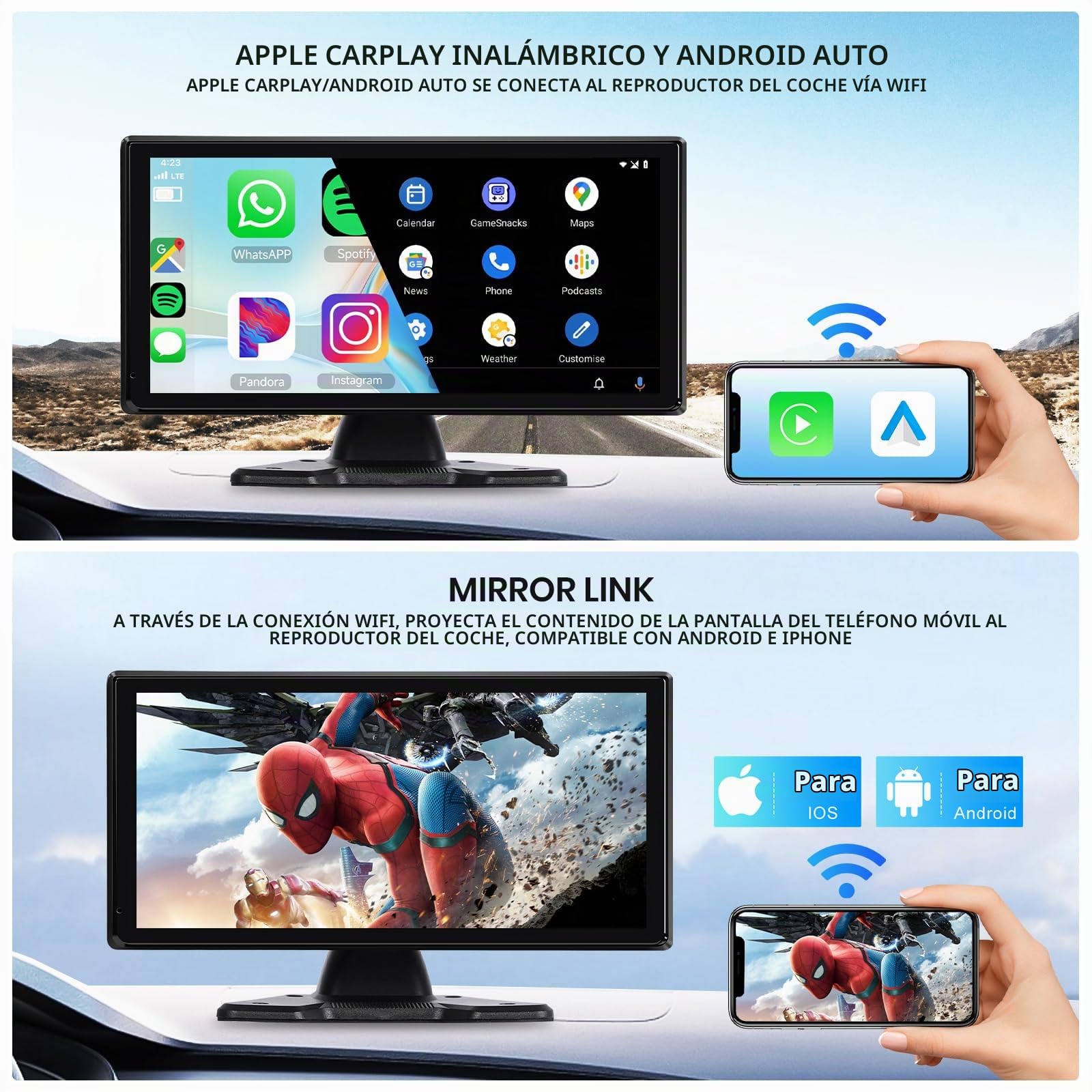 Hodozzy 4K Kit Cámara de Marcha Atrás con 4 AHD Camaras Trasera, Inalámbrico CarPlay Android Auto,10,36 Pulgadas Pantalla Táctil Monitor Bluetooth FM Grabación en Bucle, USB TF CarPlay Pantalla Coche