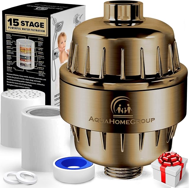 AquaHomeGroup 15 Stage Shower Filter with Vitamin C for Hard Water - High Output Shower Water Filter to Remove Chlorine and Fluoride - 2 Cartridges Included -Consistent Water Flow Showerhead Filter