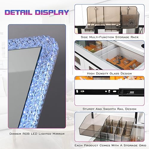 Miniatura 5 de Gurexl Mesa de tocador de maquillaje RGB con estación de carga inalámbrica, maquillaje LED con escritorio visible, juego de mesa de tocador 7