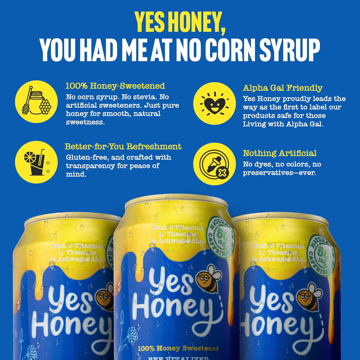 Yes Honey Sparkling Berry Tea 11oz (12-Cans), 100% Honey-Sweetened Functional Tea, Alpha Gal Friendly, With Green Tea Caffeine, B Vitamins & Ashwagandha