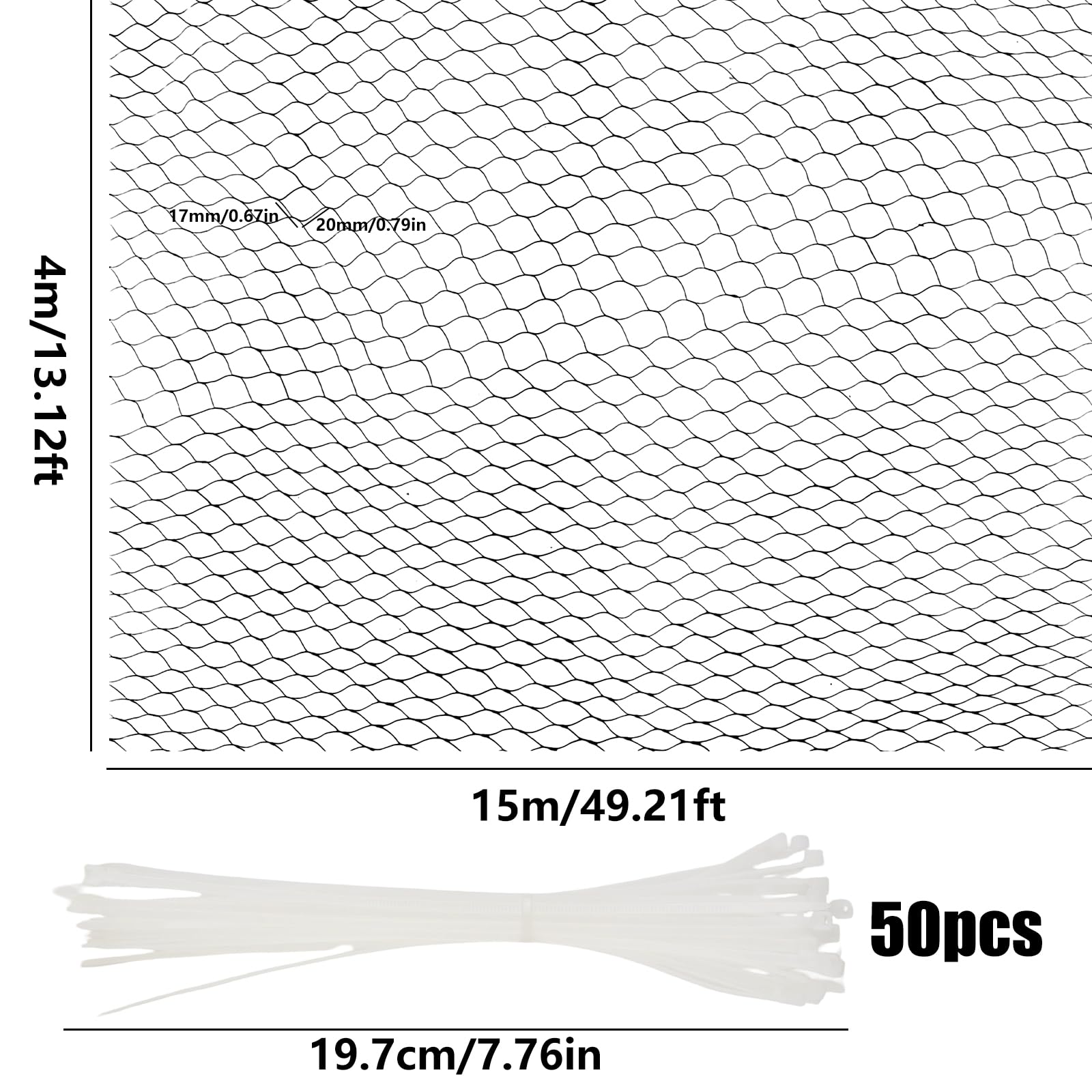 Vaskula Filet Anti Pigeon Ouverture 0,78x0,78 Pouces Filet Anti Oiseaux 4 x 15M Réutilisable Robuste avec 50 Attaches Cravates