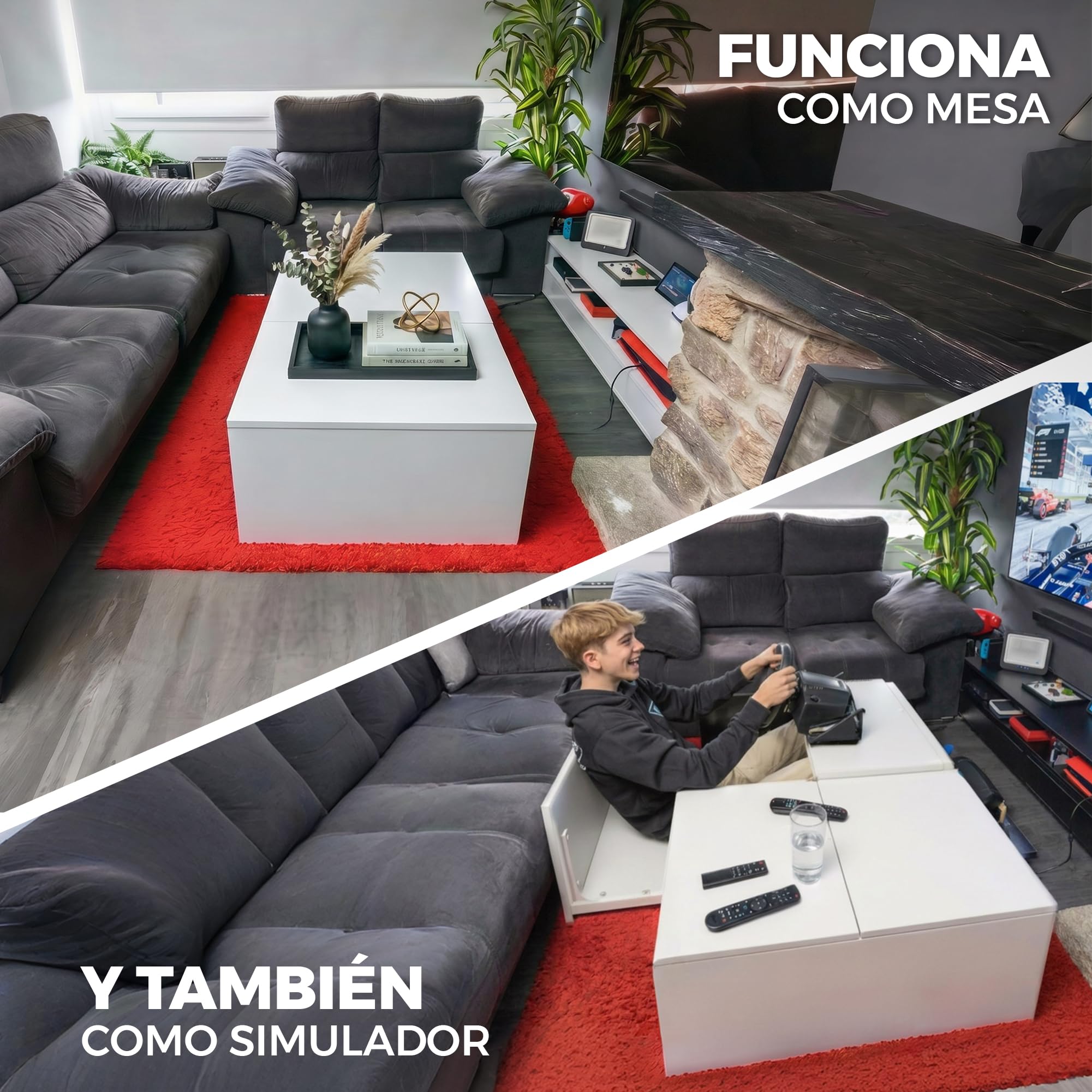 Simulador de Conducción con Volante Force Feedback (2,3NM) y Pedales Integrados en Mesa de Centro Elevable para Salón | Cockpit Gaming Compatible con PS5/PC | 79x79x47,5 cm (Blanco)