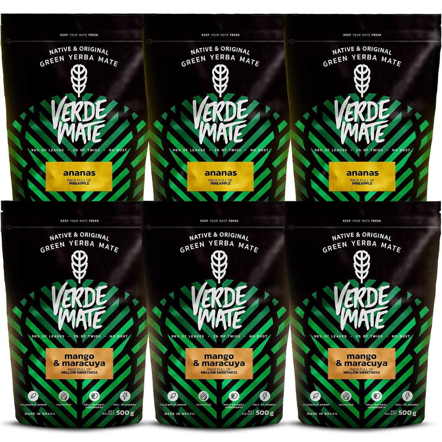 Set Yerba Maté Fruité, 6x500g, Ananas Mangue Maracuya, Brésilien Vert