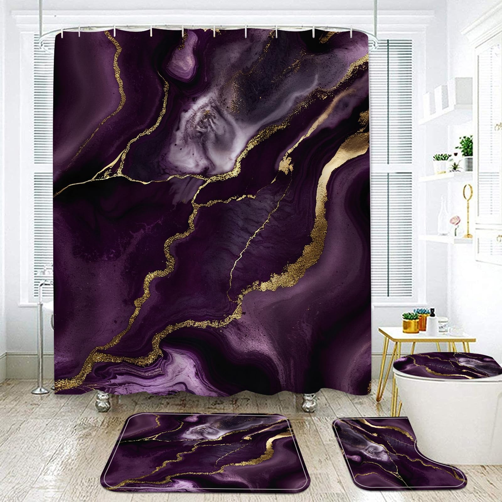 NEWSUYAA Dark Purple Marble Shower Curtain with Bath Rugs Bathroom Sets, 4 Pcs Marble Patterns with Gold Lines Bath Décor Includes Toilet Seat Cover U-Shape Mat Absorbent Carpets,