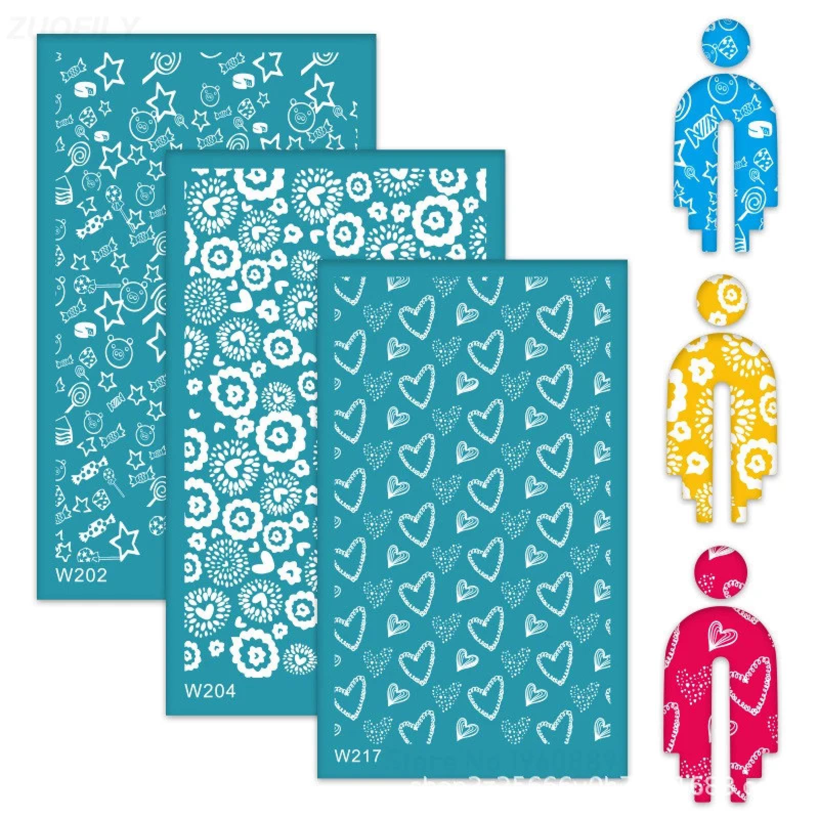 MANGOUSONG Screen Printing Kit,3Pcs 9x15cm Heart Pattern Self-Adhesive Silk Screen Stencils for Polymer Clay Reusable Mesh Transfer Printing Earrings Jewelry Making Style 2