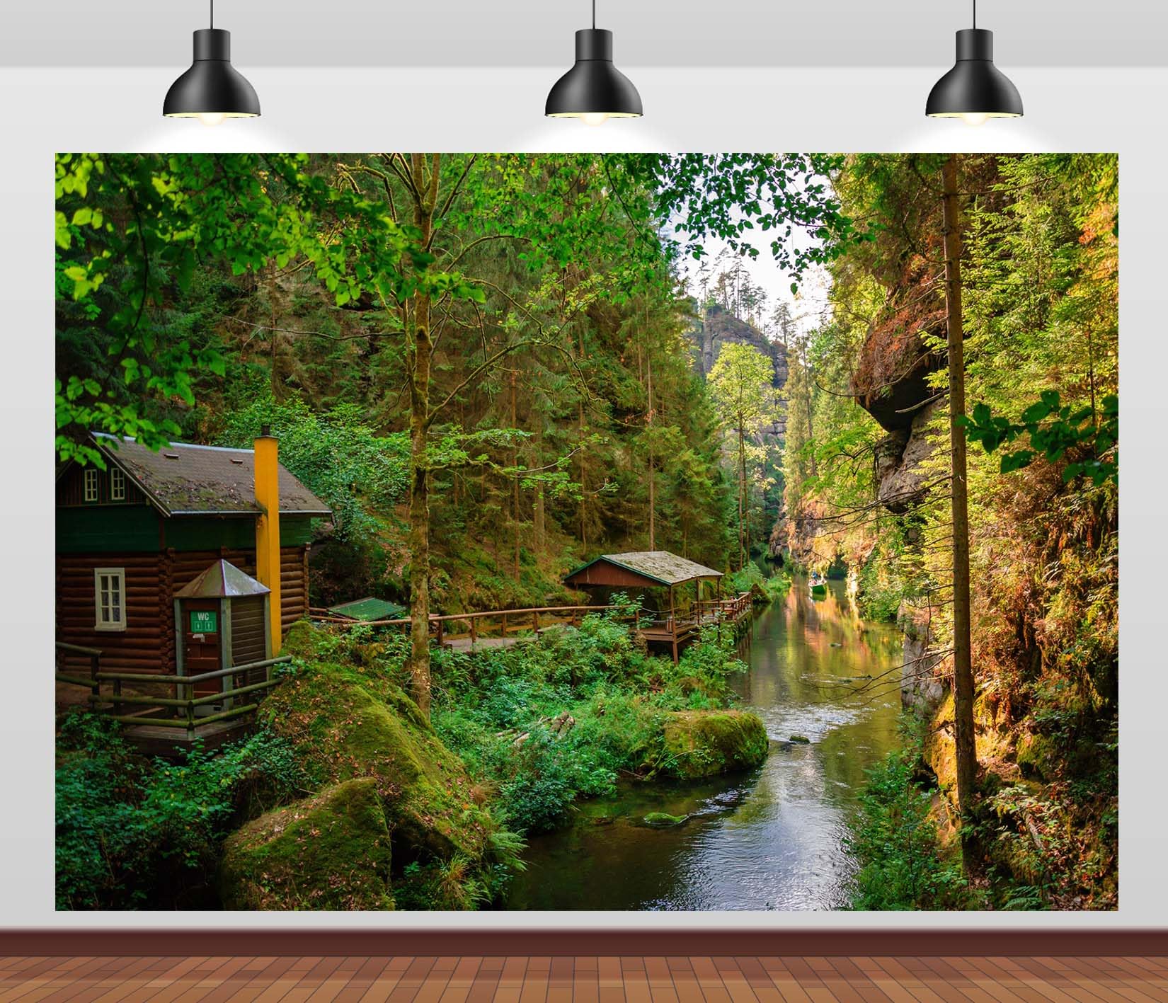 15x10FT (4.6x3m) Baite Nel Bosco Accanto A Un Ruscello Sfondo Fotografico | Tranquillo Rifugio Nel Bosco Fondale In Tessuto,Case In Legno Torrente,Per Eventi Nella Natura E Ritratti Esterni,Photo Booth