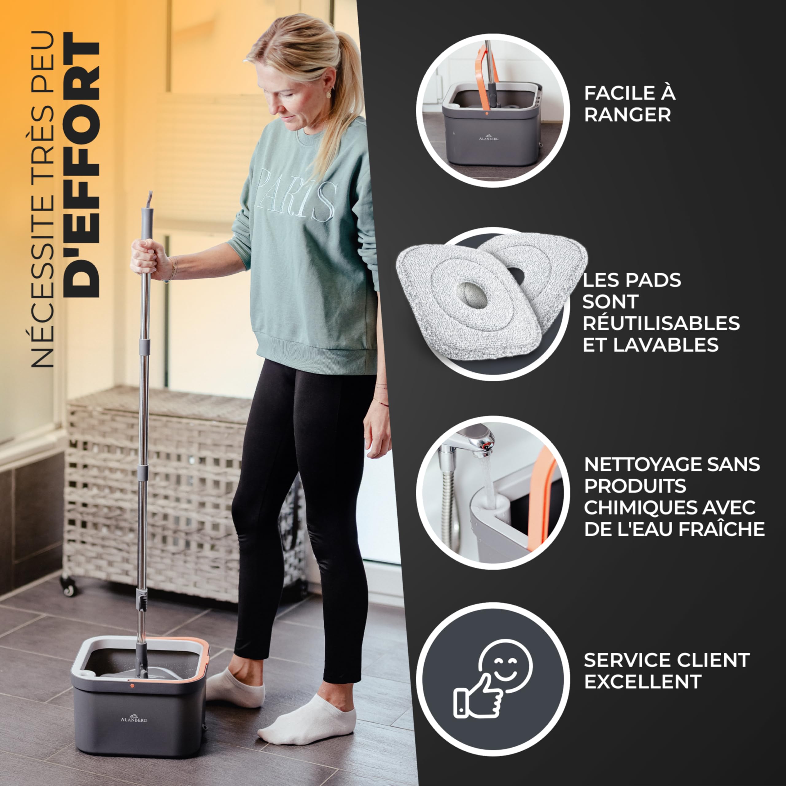 Serpillière et Seau Essoreur – Système à 2 Compartiments avec 2 Tampons Microfibre, Balai Plat de Nettoyage Sol et Ménage, Mop de Sol Plat avec Seau de Nettoyage, Gris – ALANBERG®