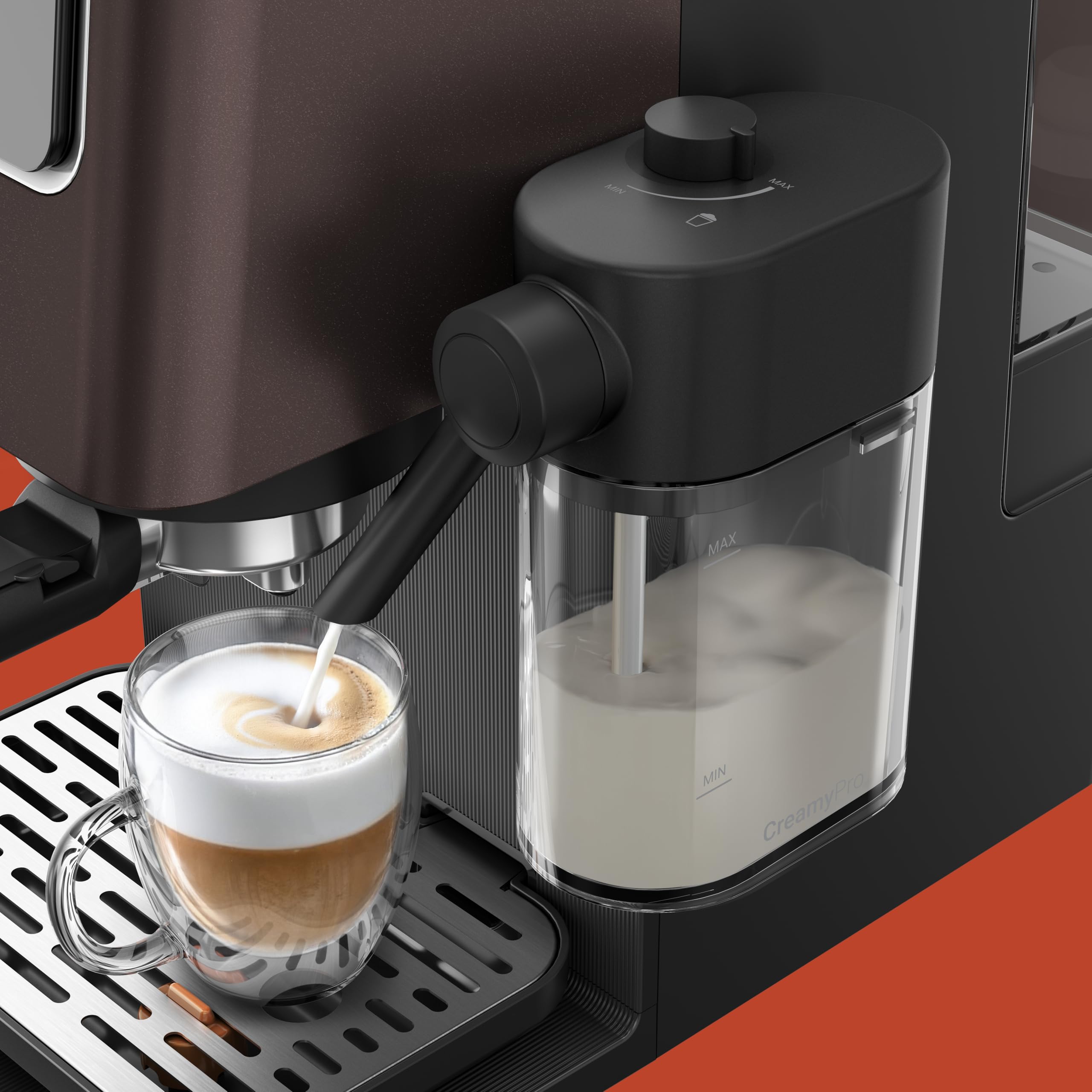 Grundig KSM 8530 Siebträgermaschine, 7 Kaffeespezialitäten inkl. Cold Brew, 1688 W, 20 bar, Edelstahlmahlwerk, Milchbehälter, Touch-Display, für Bohnen, Pulver & Kapseln, Schwarz/Braun