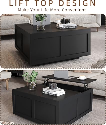 Miniatura 5 de Mesa de centro elevable con almacenamiento, mesa de centro cuadrada negra de 31.5 pulgadas con gran almacenamiento oculto, mesa central de madera