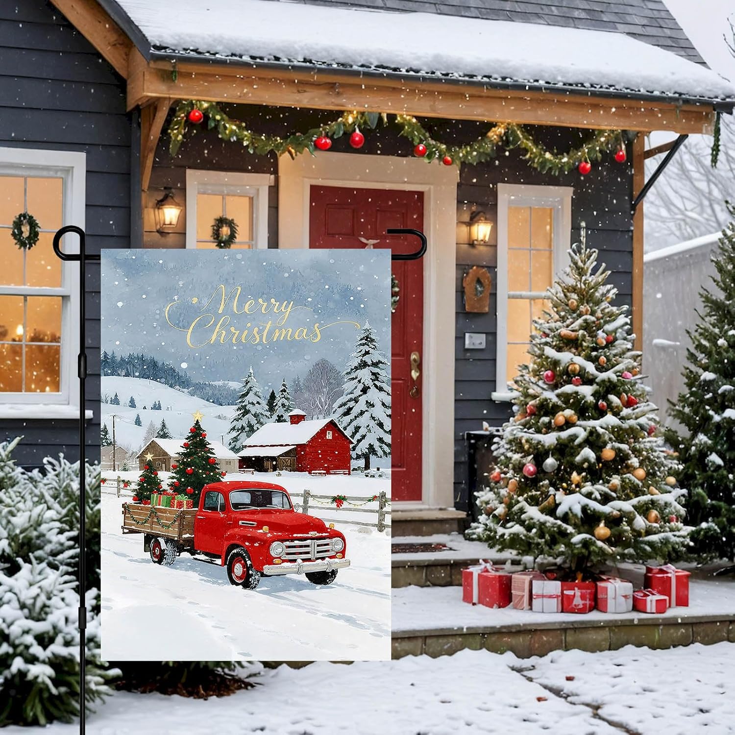 ivn merry christmas garden flag12x18 inch double sided farm red truck carrying christmas tree christmas outdoor yard flag for winter holiday home porch decor