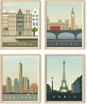 HAUS AND HUES City Wall Art Vintage Travel Posters Set of 4 Travel Wall Art Posters of London, New York Print, Paris Wall Poster and Amsterdam City Wall Decor Beige Frame, 8x10