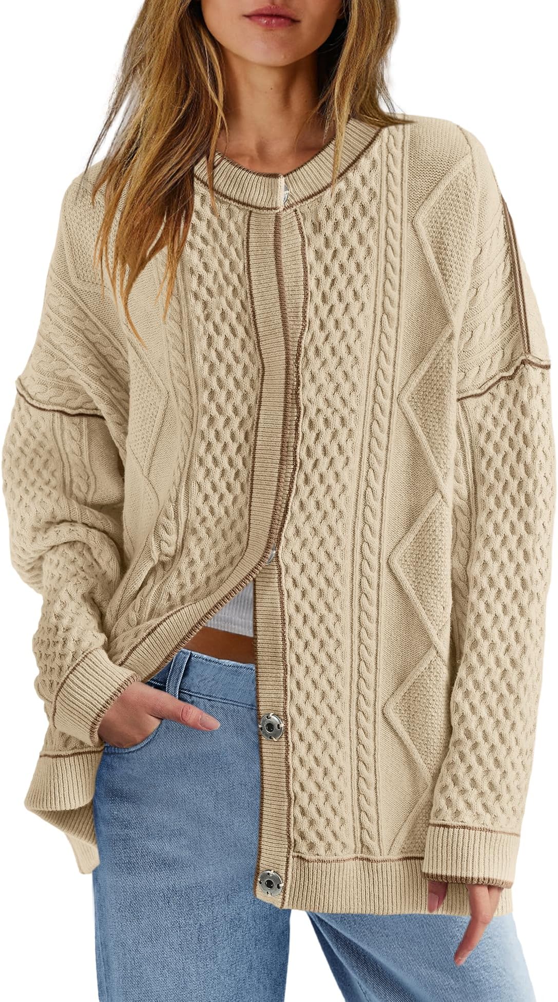 Womens Cable Knit Oversized Cardigans Button Up Striped Sweater Jackets Fall Casual Outerwear Coats with Pockets
