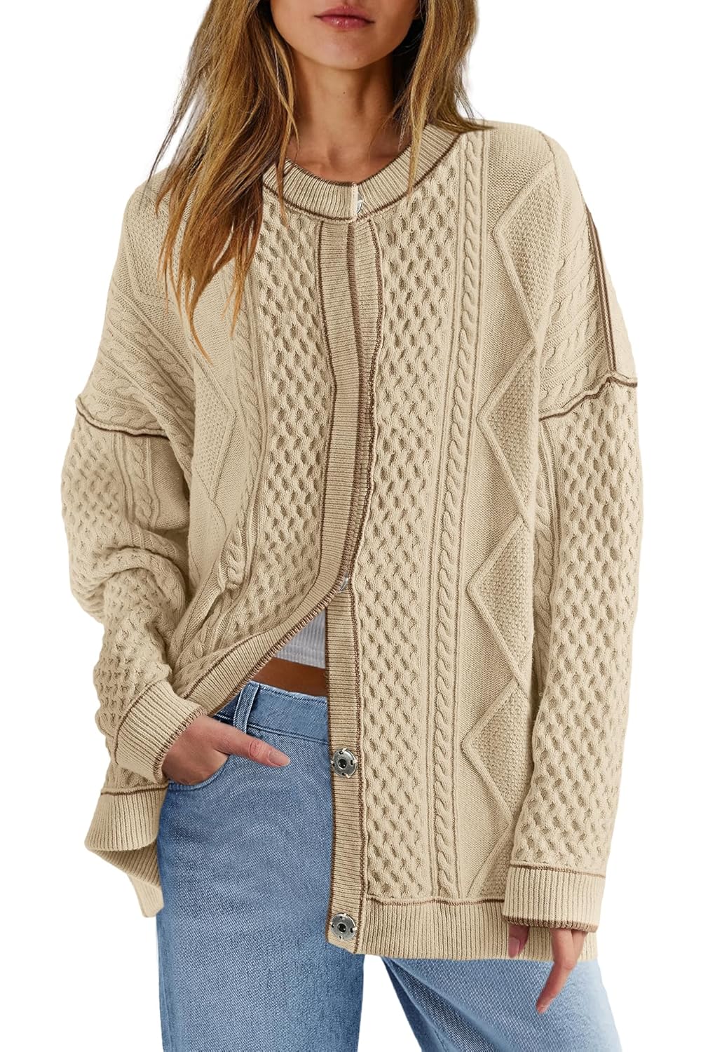 ReachMe Womens Cable Knit Oversized Cardigans Button Up Striped Sweater Jackets Fall Casual Outerwear Coats with Pockets