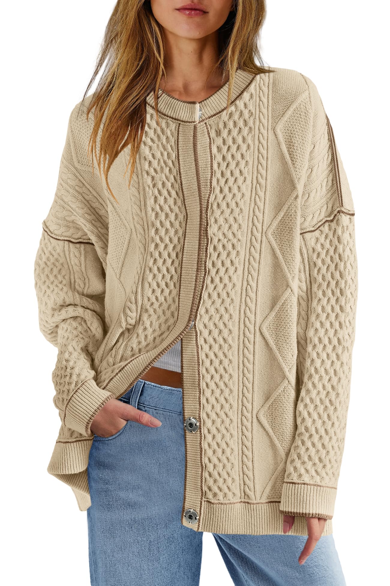 ReachMe Womens Cable Knit Oversized Cardigans Button Up Striped Sweater Jackets Fall Casual Outerwear Coats with Pockets